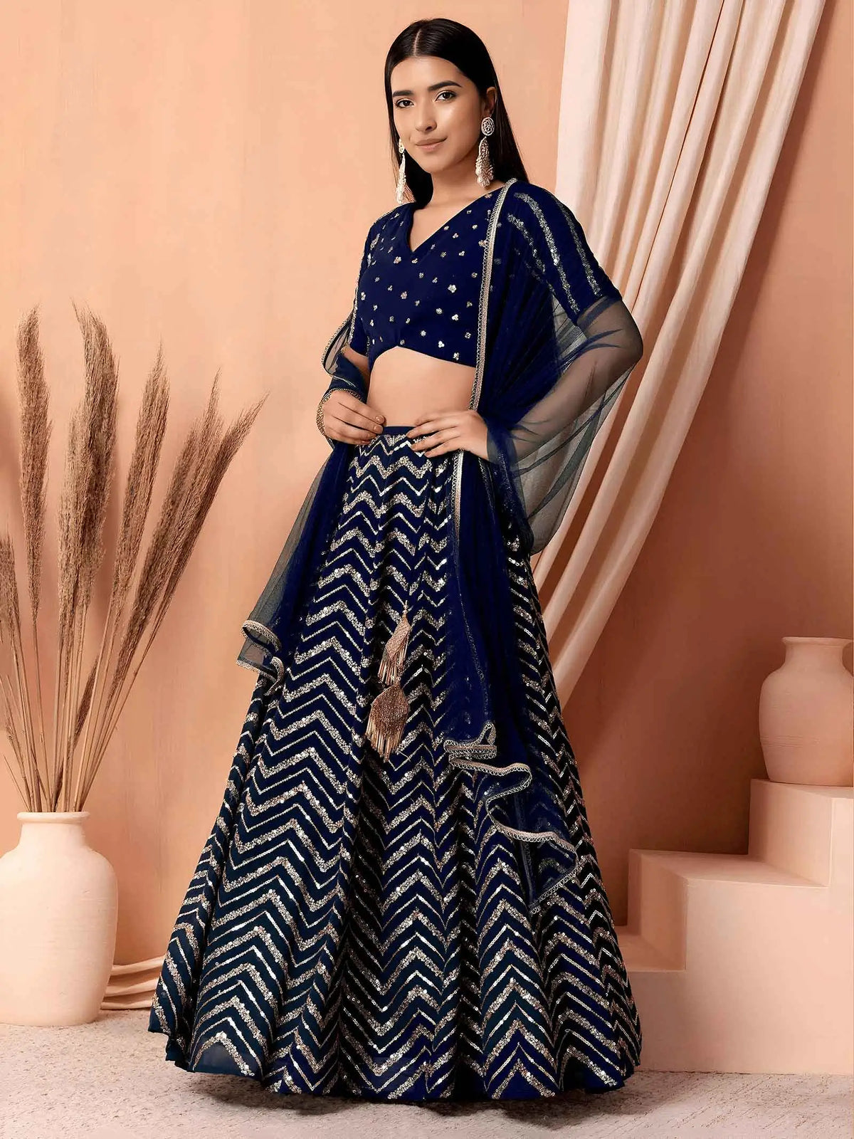 Navy Blue Georgette Embroidered Lehenga