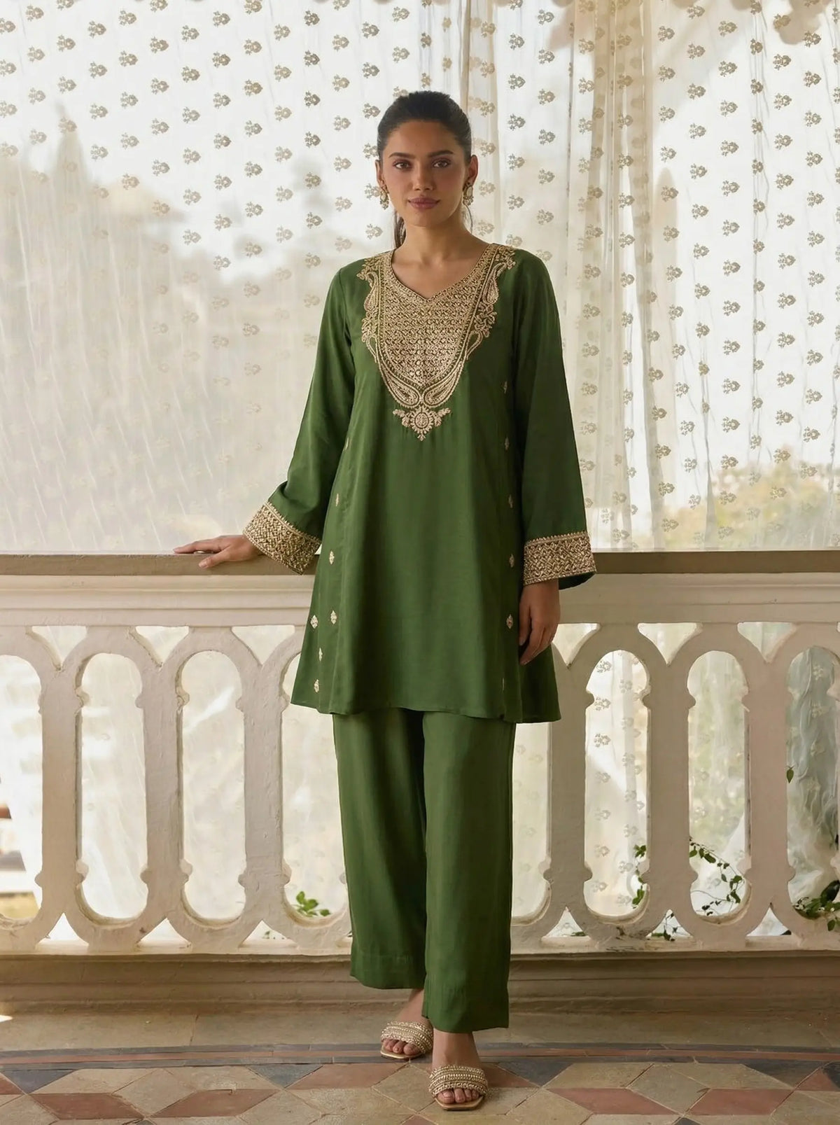 Green Embroidered Silk A-Line Salwar Suit