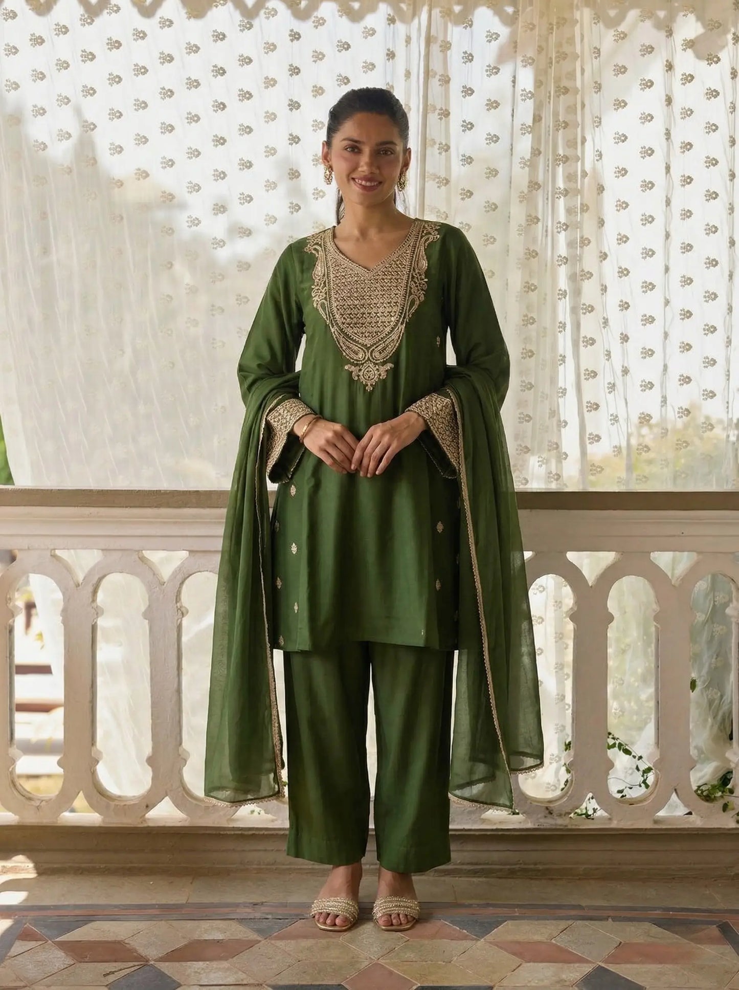 Green Embroidered Silk A-Line Salwar Suit