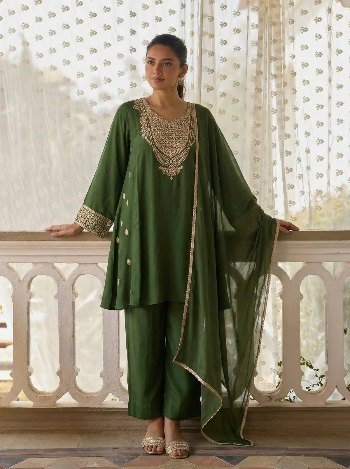 Green Embroidered Silk A-Line Salwar Suit