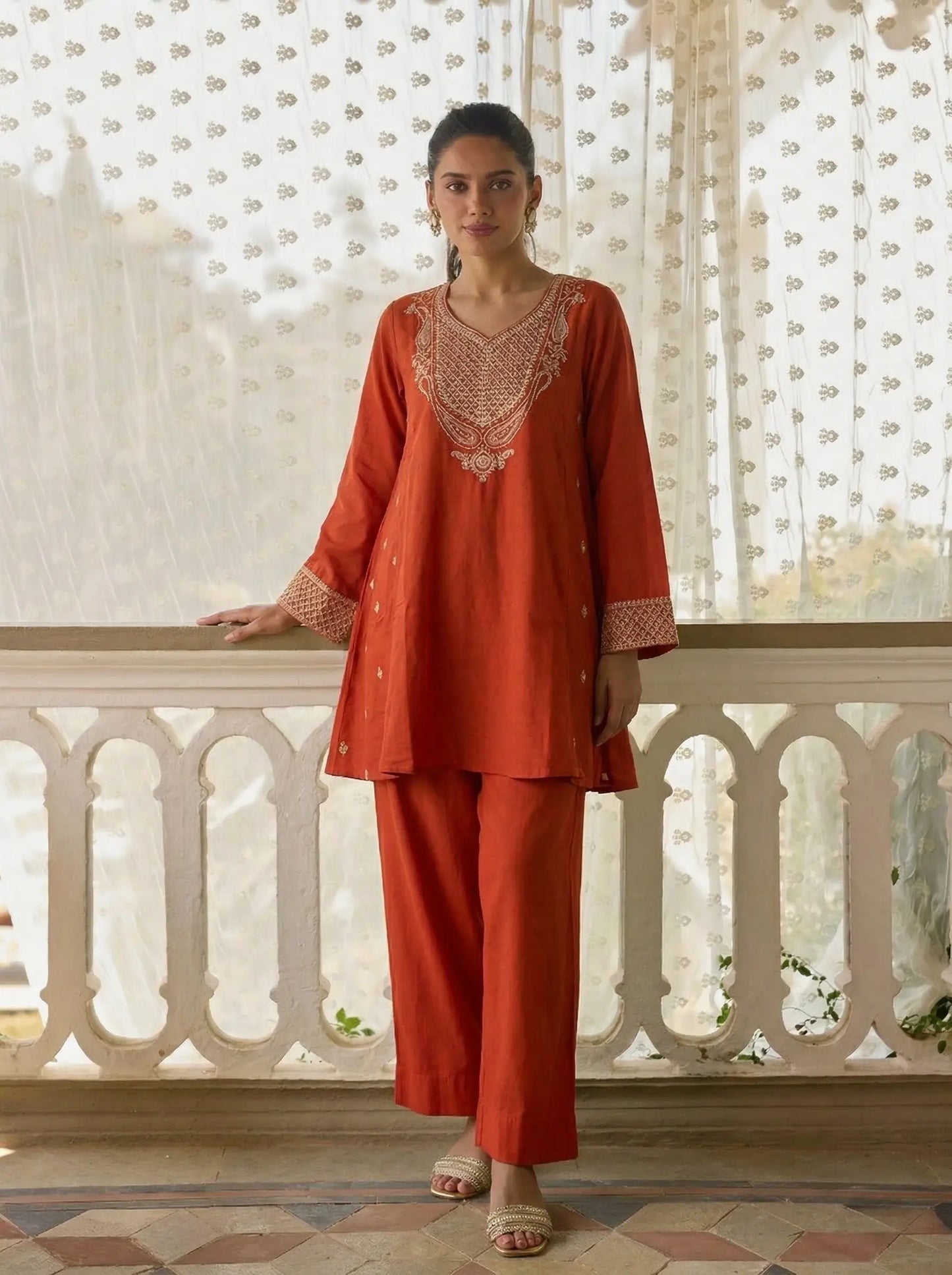 Rust Embroidered Silk A-Line Salwar Suit