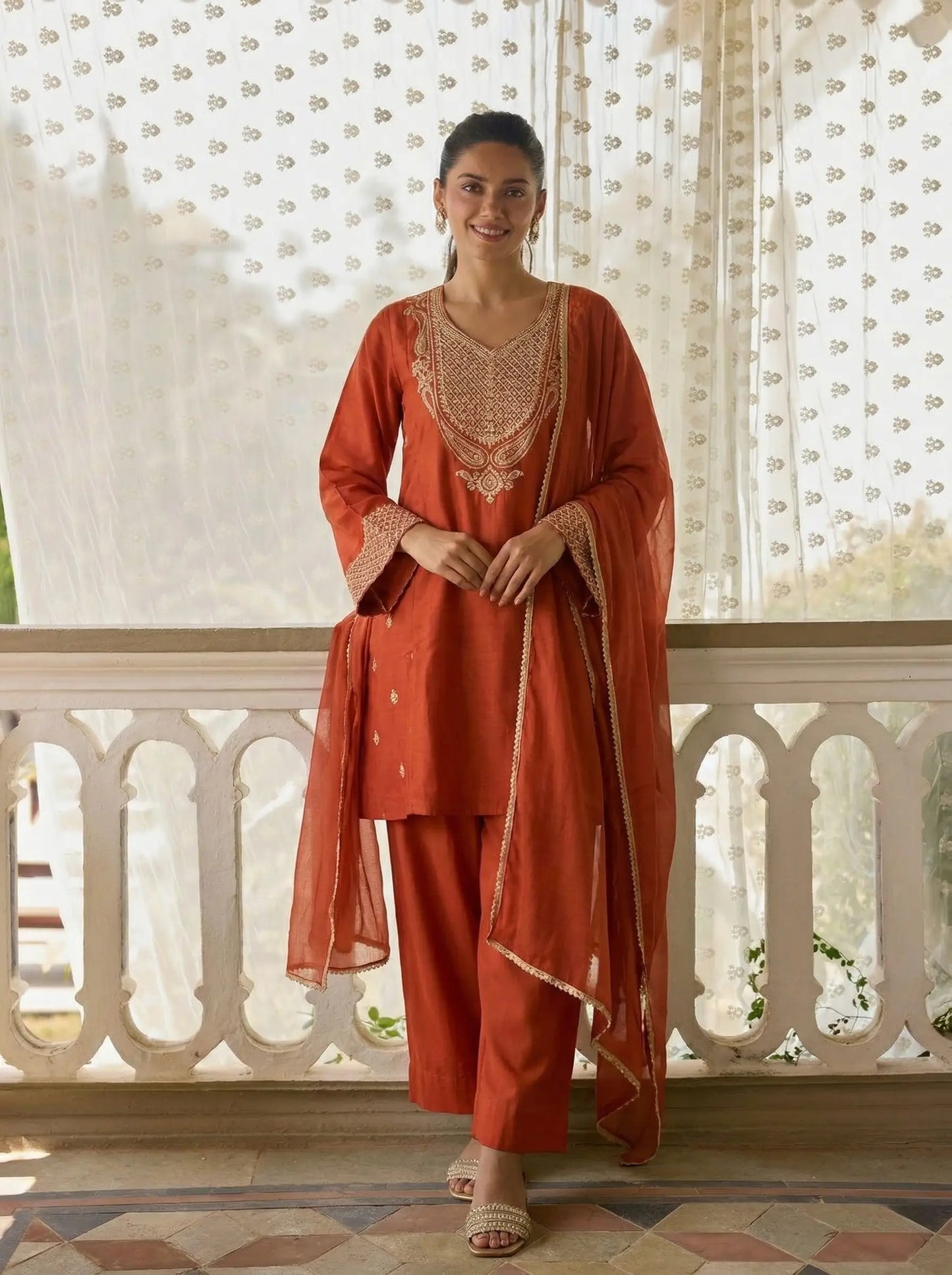 Rust Embroidered Silk A-Line Salwar Suit