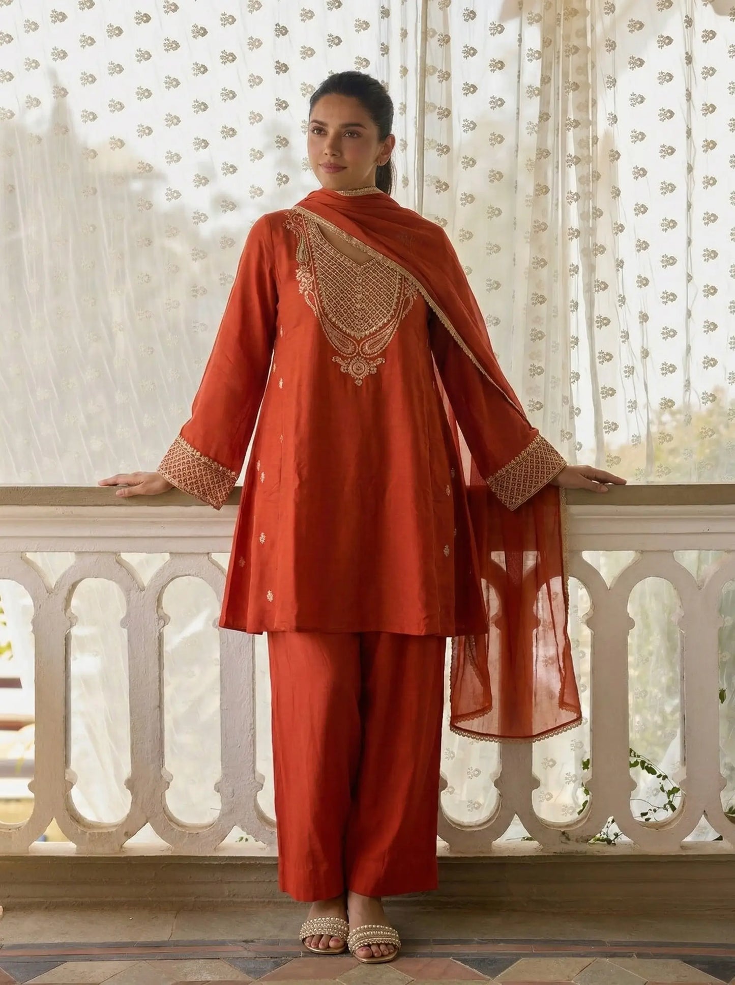 Rust Embroidered Silk A-Line Salwar Suit