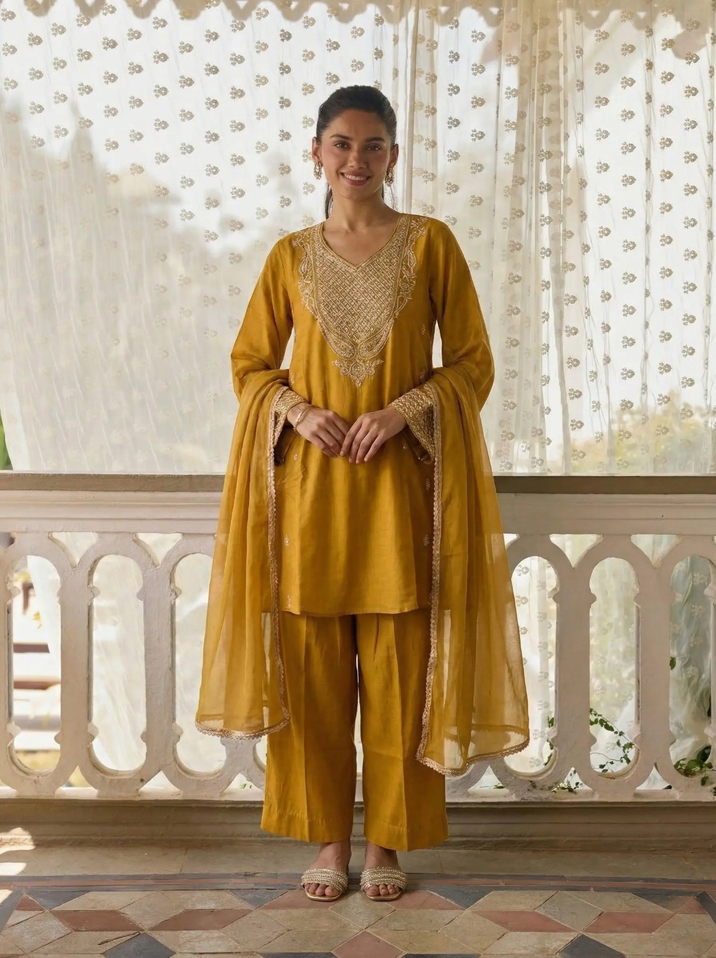 Mustered Silk A-Line Embroidered Salwar Suit
