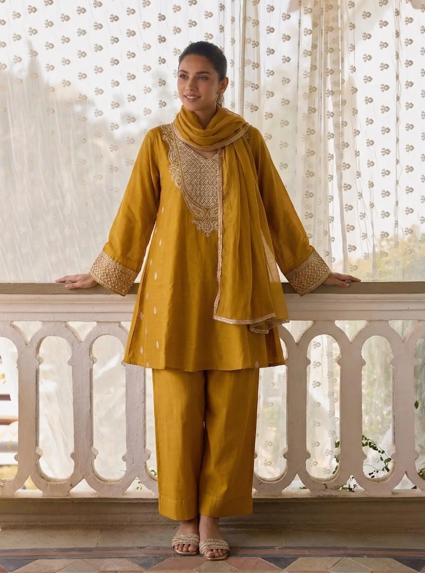 Mustered Silk A-Line Embroidered Salwar Suit