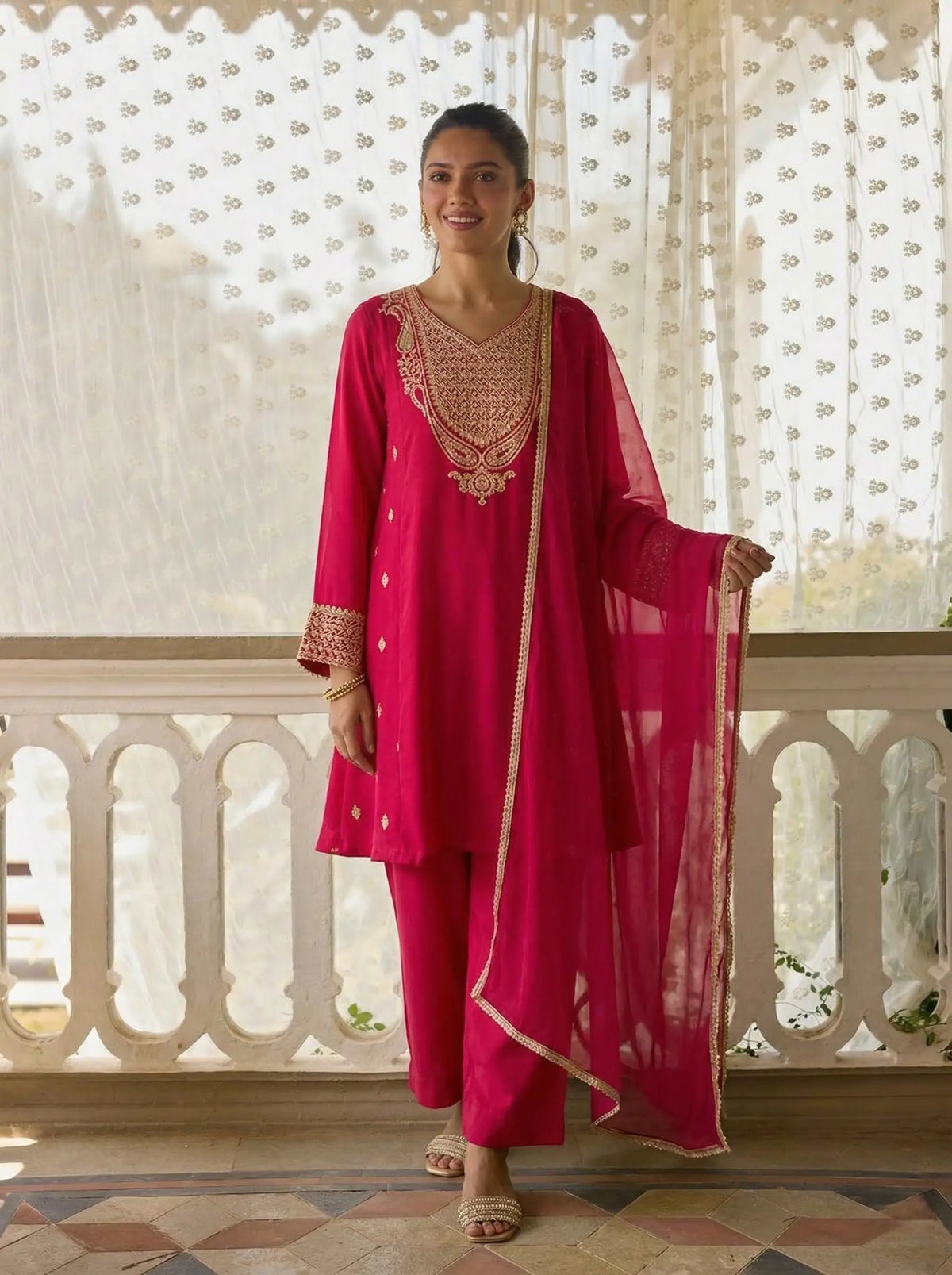 Rani Pink Silk A-Line Embroidered Salwar Suit