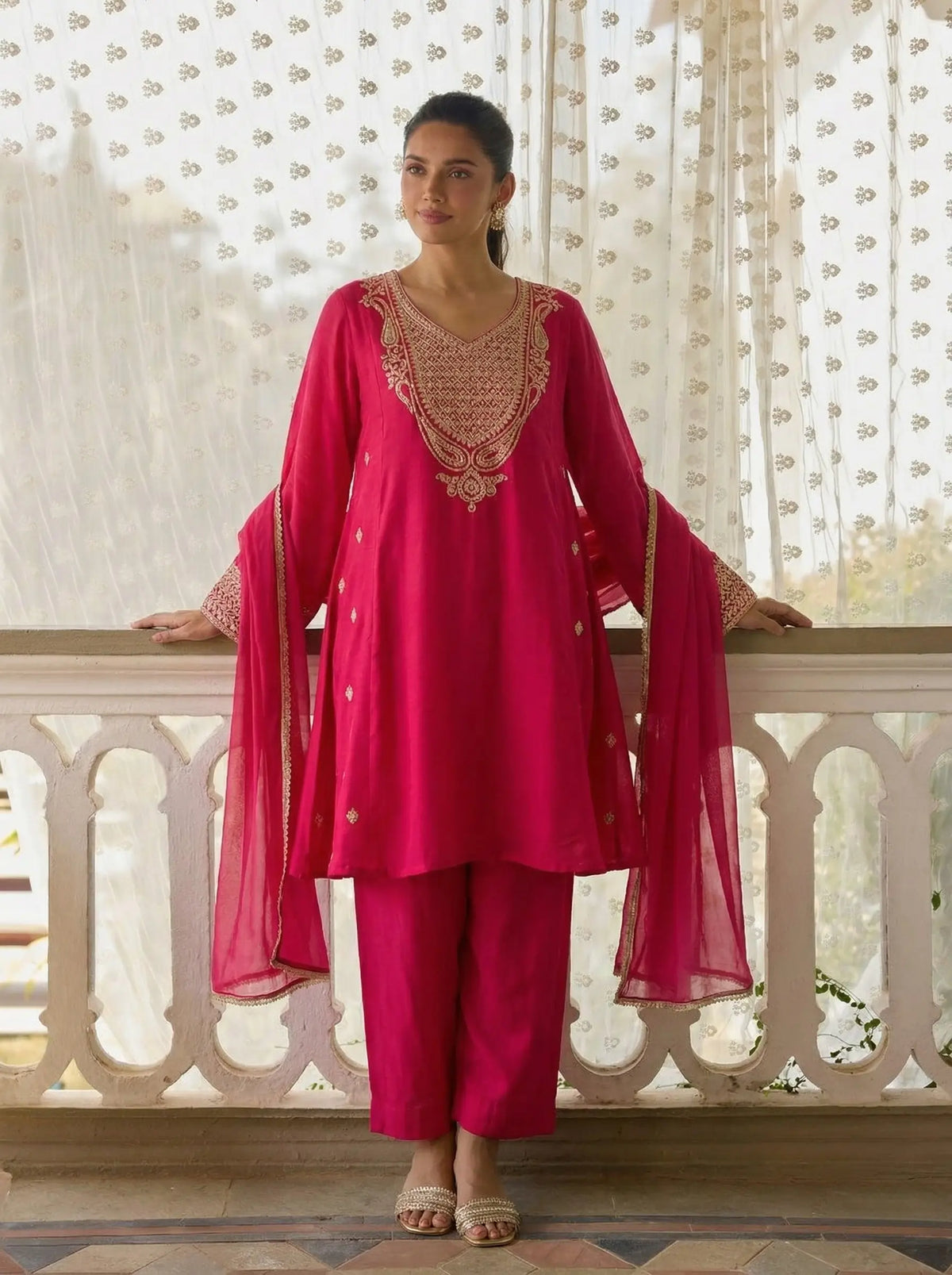 Rani Pink Silk A-Line Embroidered Salwar Suit
