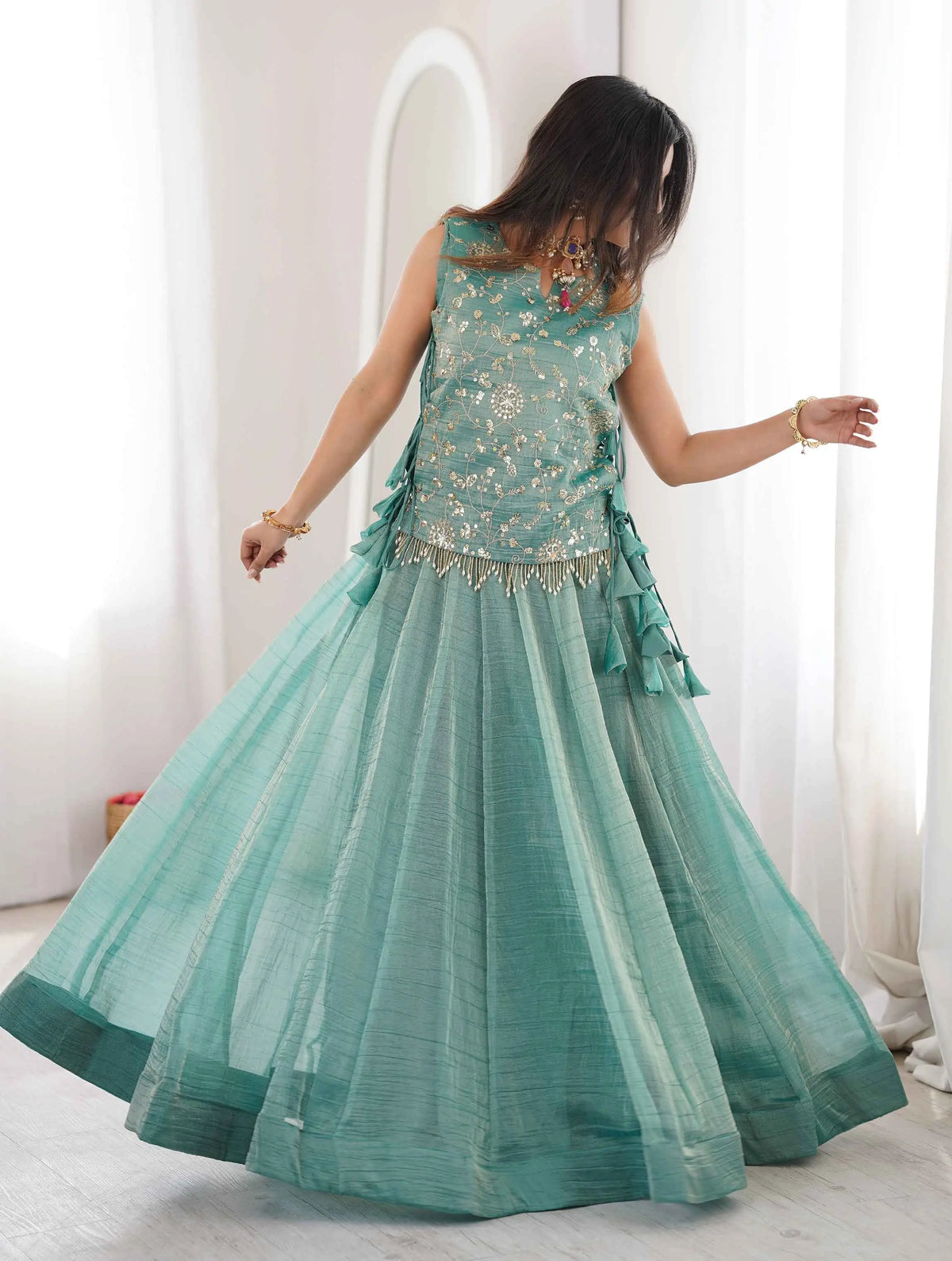 Designer Sky Embroidered Crush Lehenga Choli