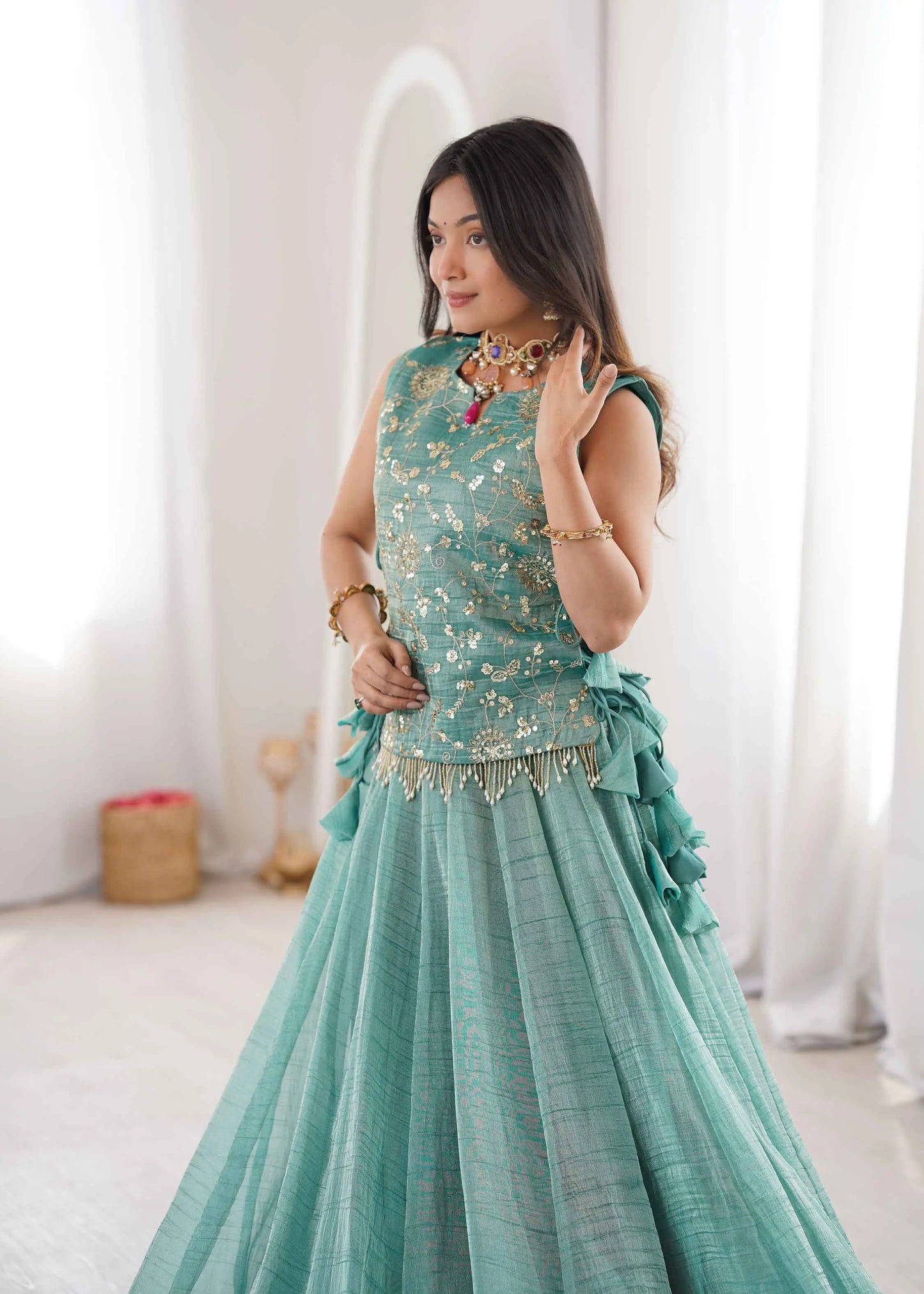 Designer Sky Embroidered Crush Lehenga Choli
