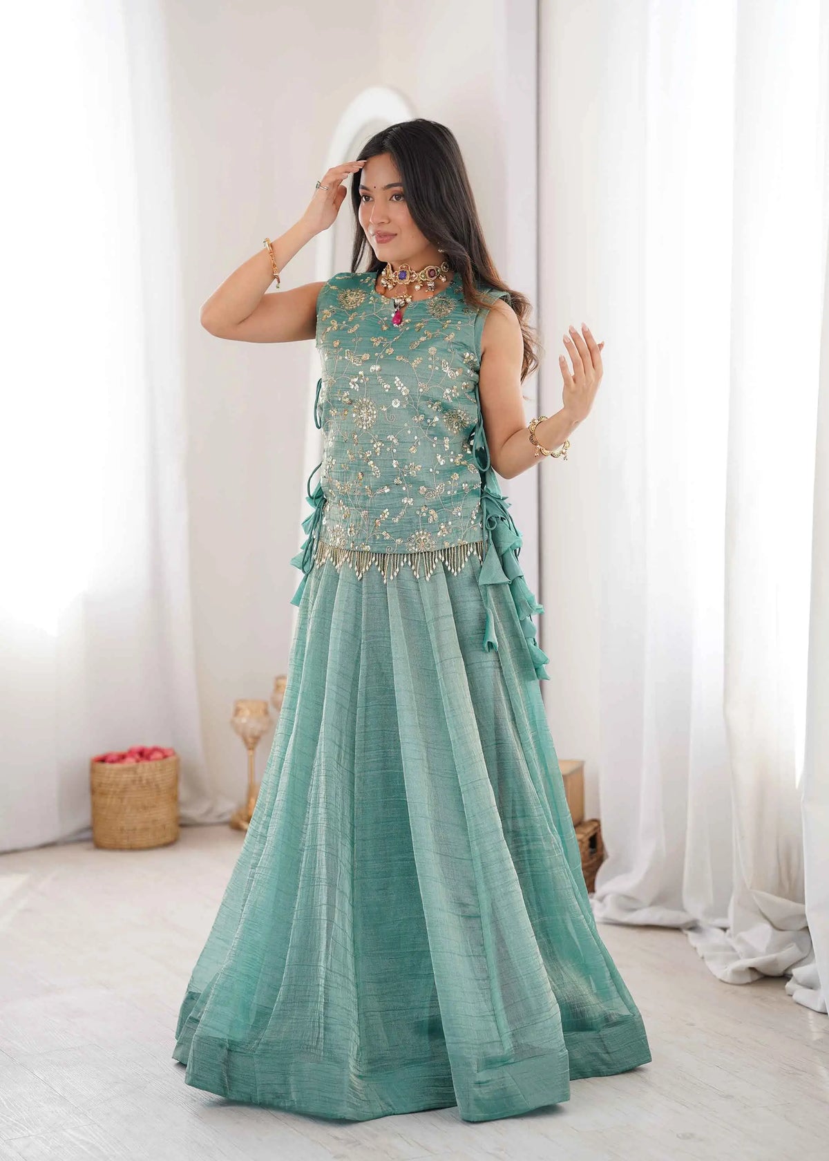 Designer Sky Embroidered Crush Lehenga Choli