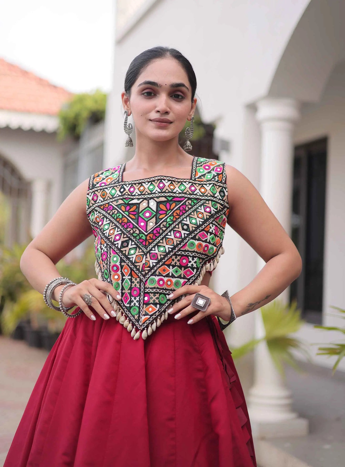 Maroon Gamthi Work Navratri Lehenga Choli