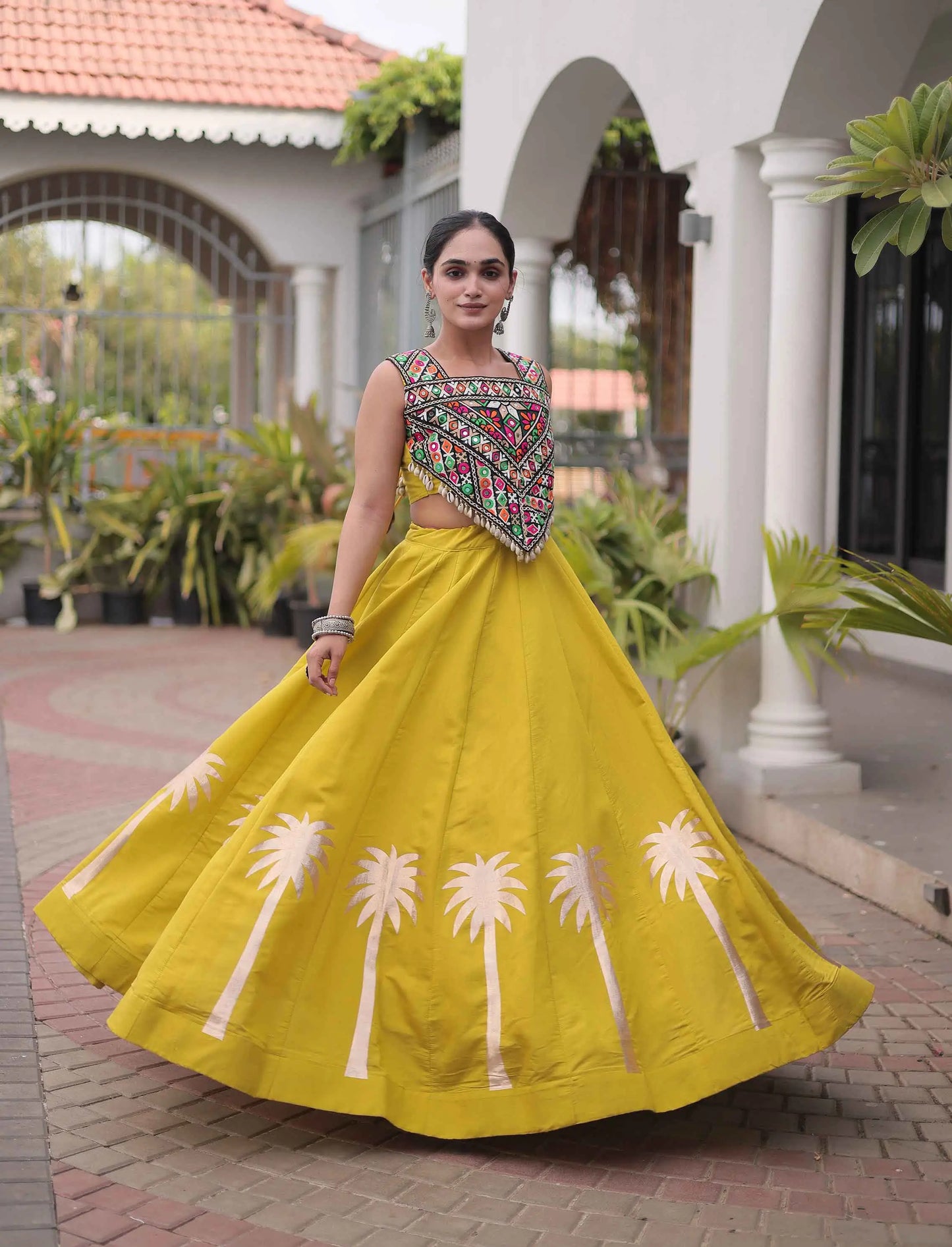 Olive Yellow Gamthi Work Navratri Lehenga Choli