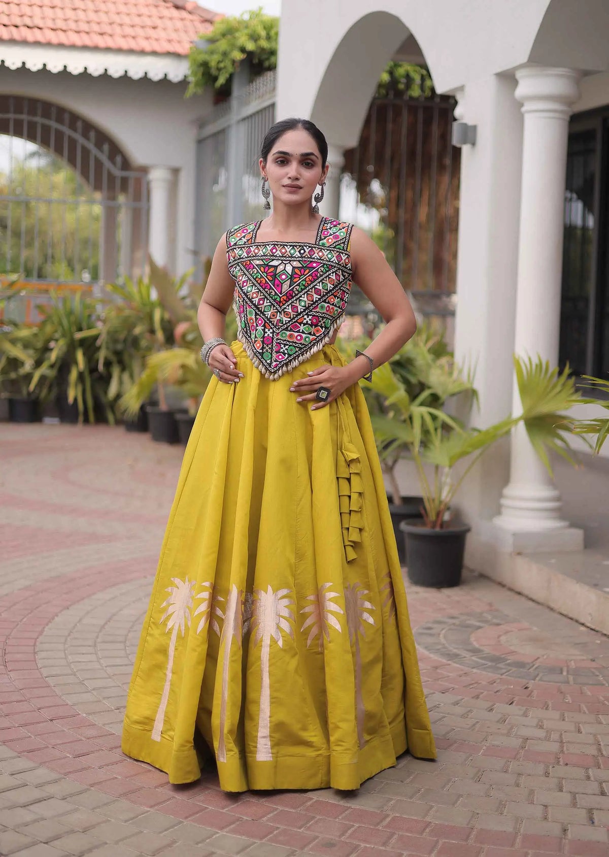 Olive Yellow Gamthi Work Navratri Lehenga Choli