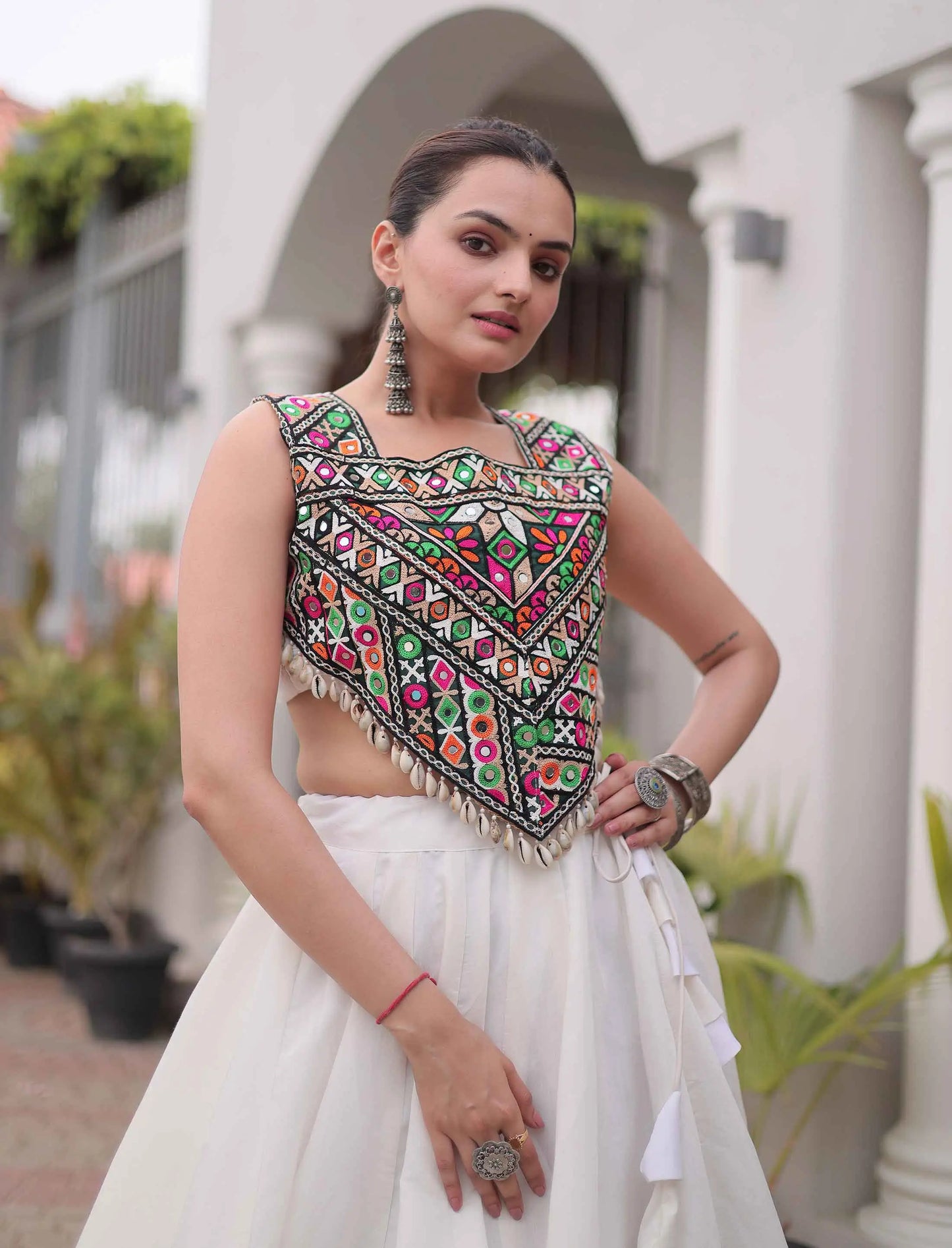 White Gamthi Work Navratri Lehenga Choli