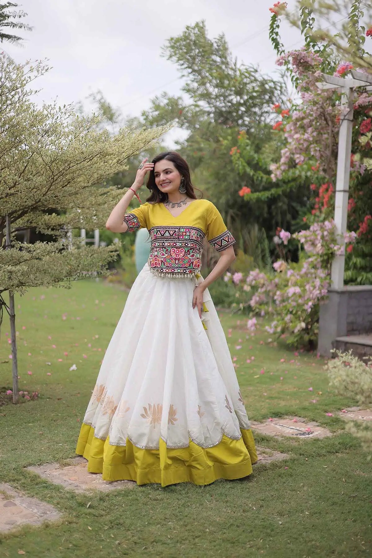 Parrot And White Navaratri Lehenga Choli