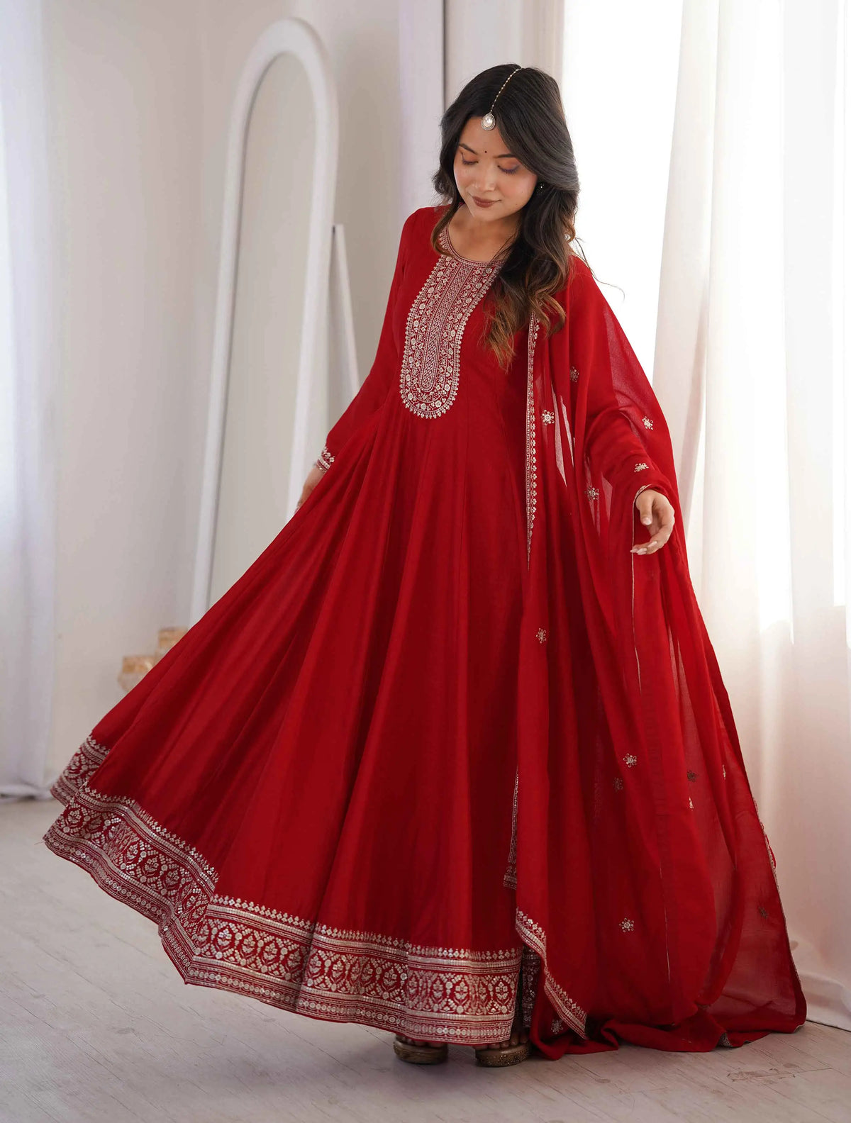 Dark Red Silk Embroidery Work Gown