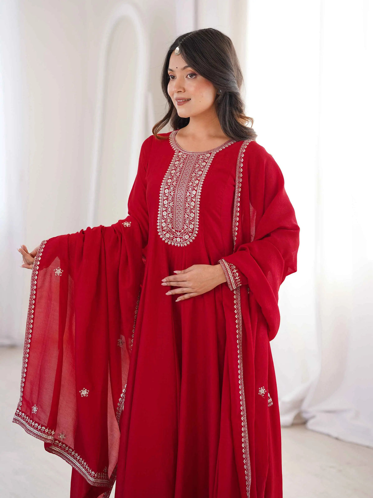 Dark Red Silk Embroidery Work Gown