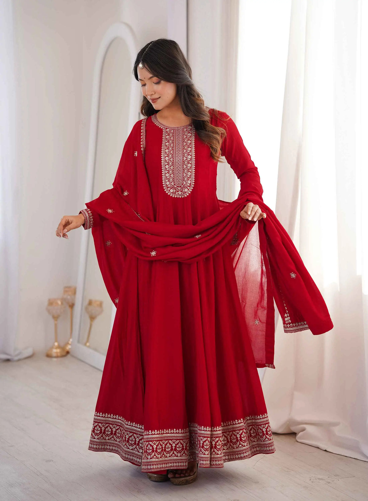 Dark Red Silk Embroidery Work Gown