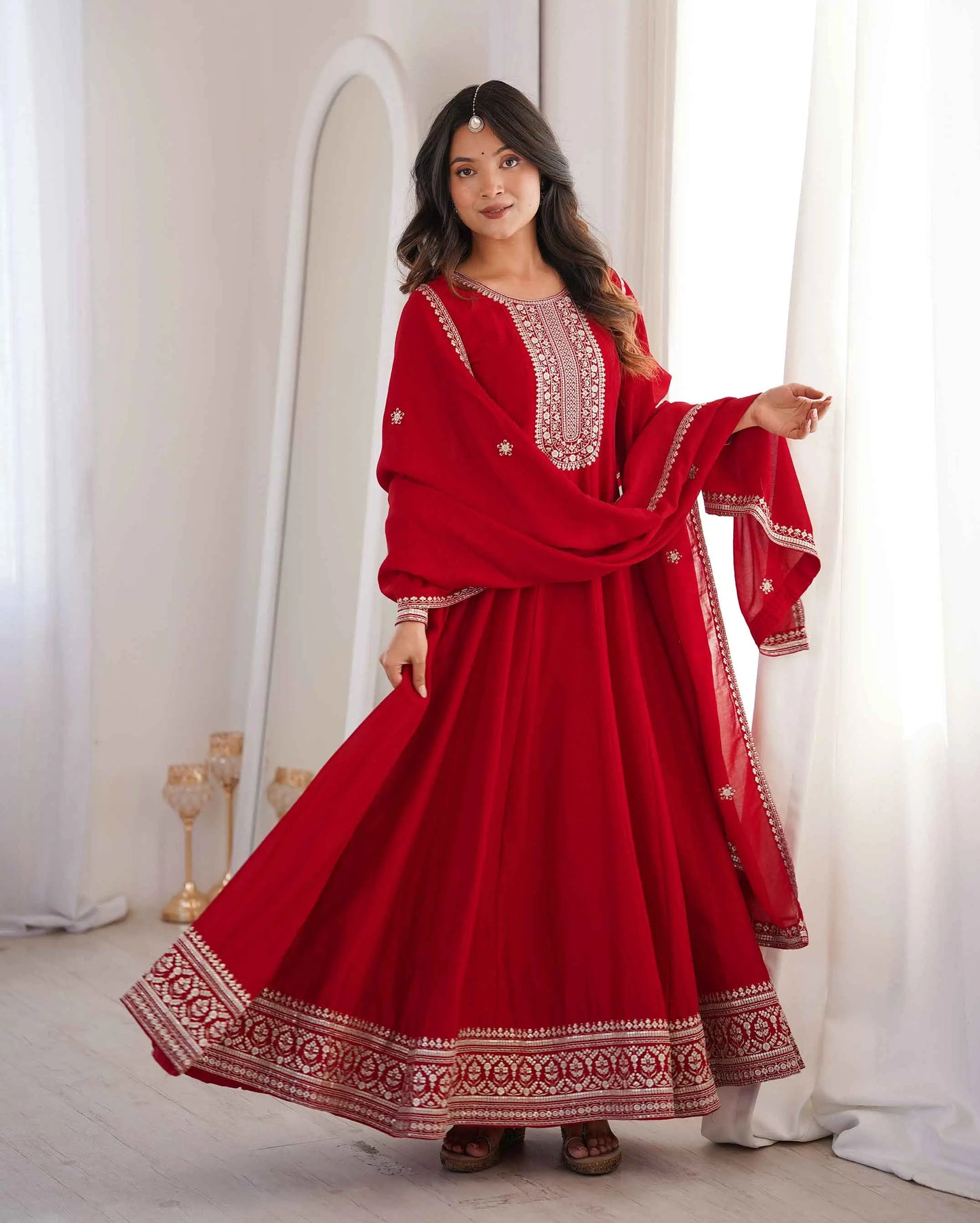 Dark Red Silk Embroidery Work Gown