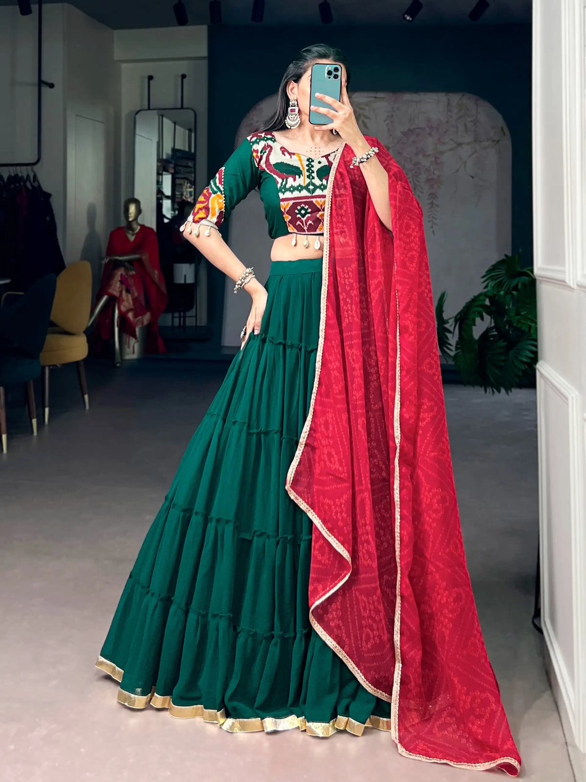 Dark Green Navratri Lehenga Choli With Lace Touch Up