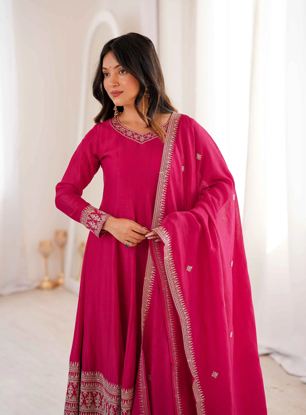 Pink Embroidered Silk Gown & Dupatta