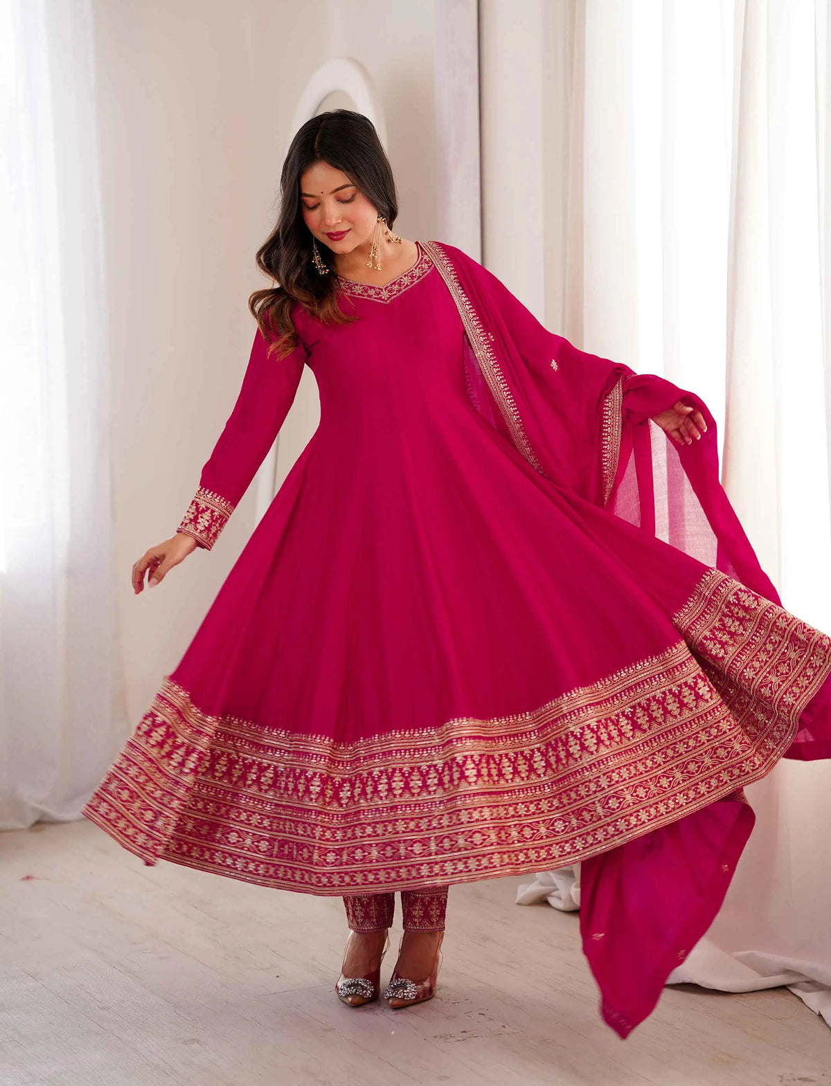 Pink Embroidered Silk Gown & Dupatta