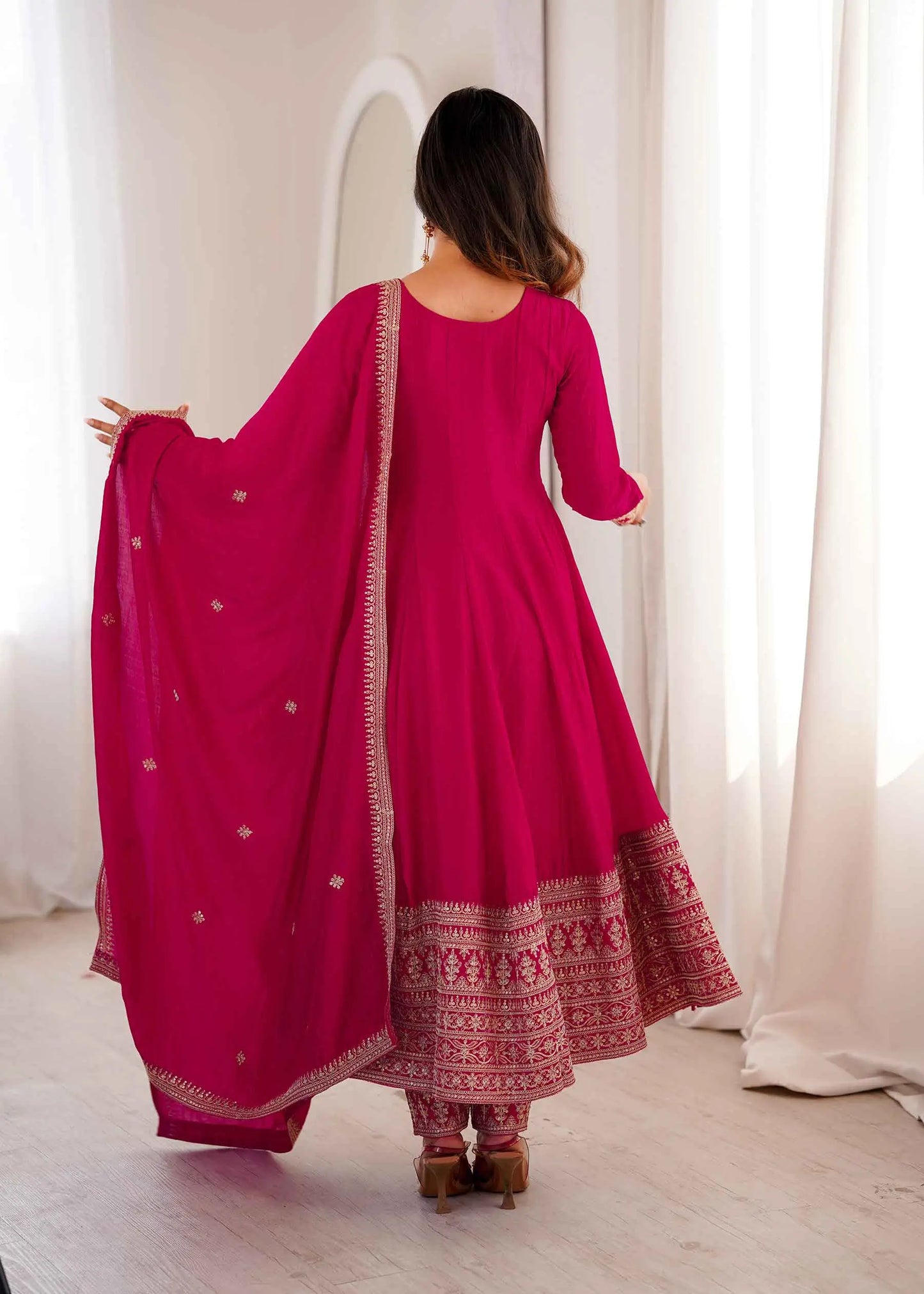 Pink Embroidered Silk Gown & Dupatta