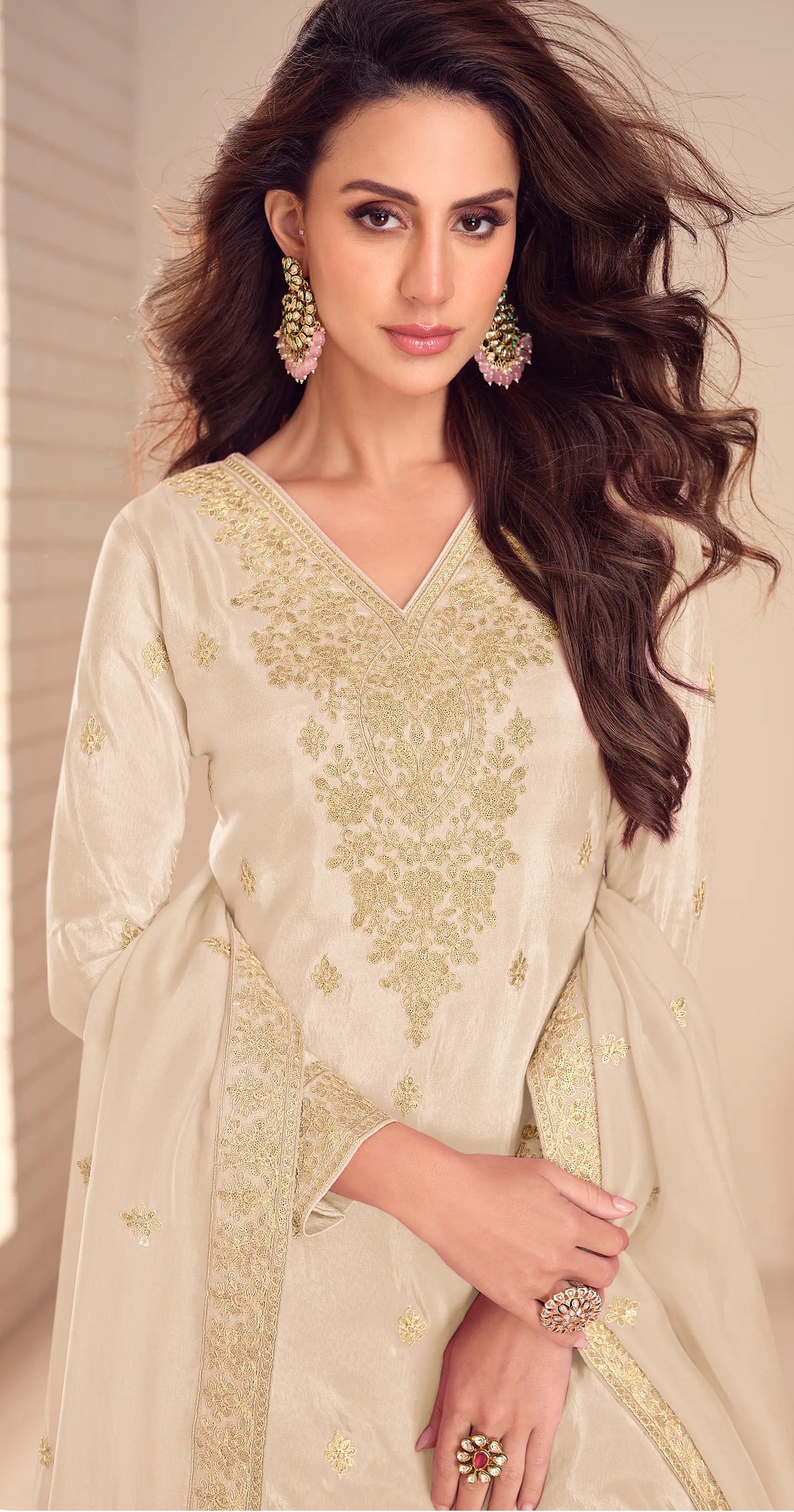 Cream Simar Silk Salwar Suit With Embroidery Work