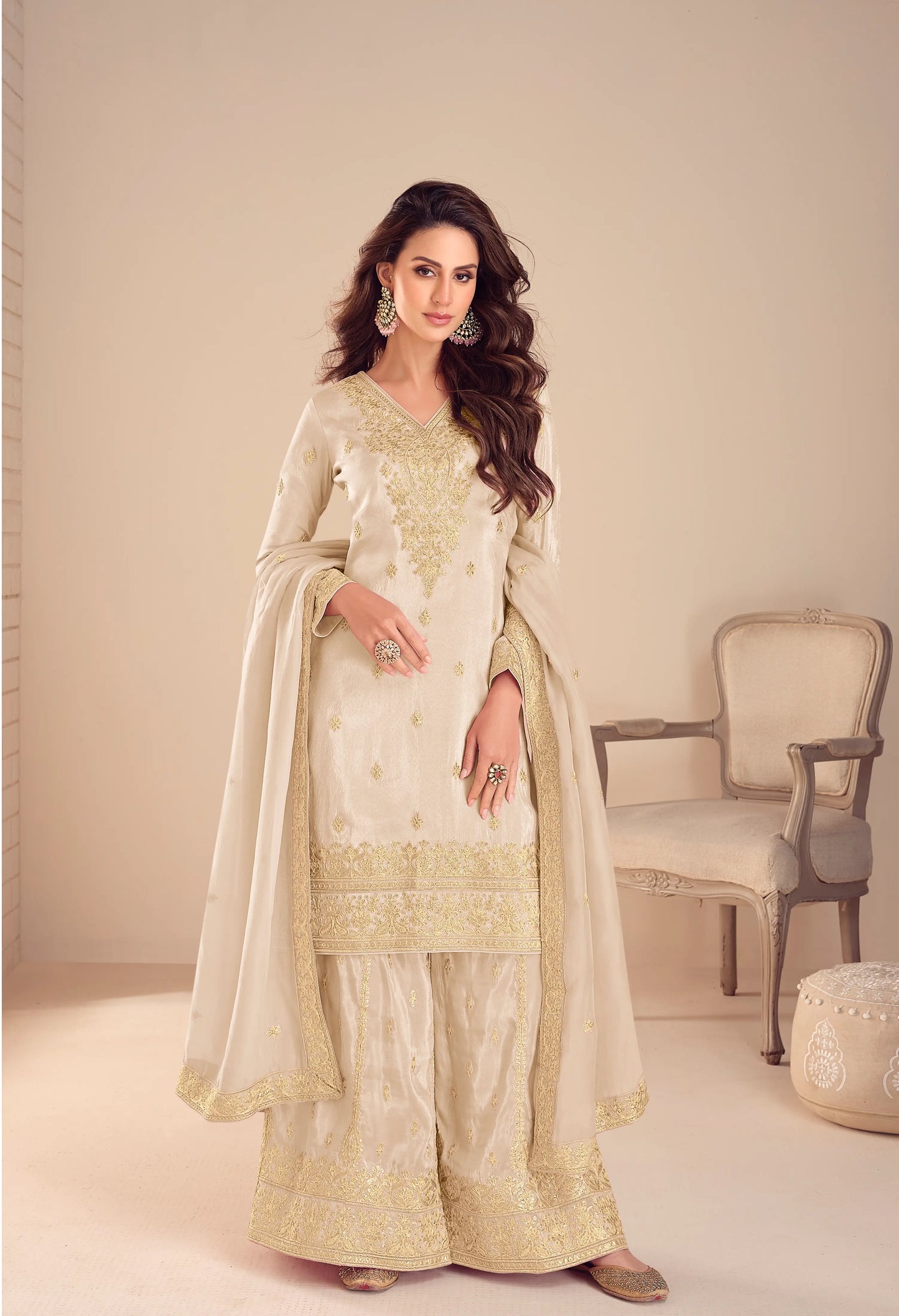 Cream Simar Silk Salwar Suit With Embroidery Work