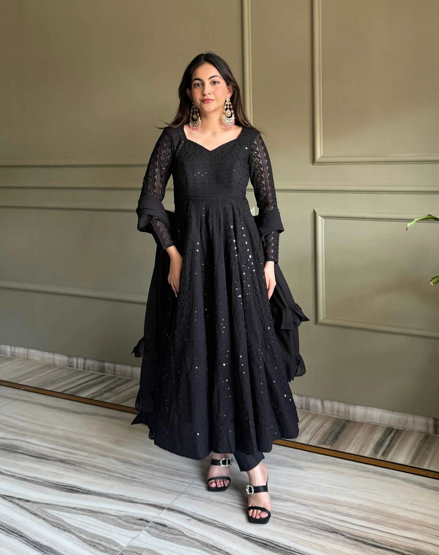 Black Georgette Lukhnowi Work Gown