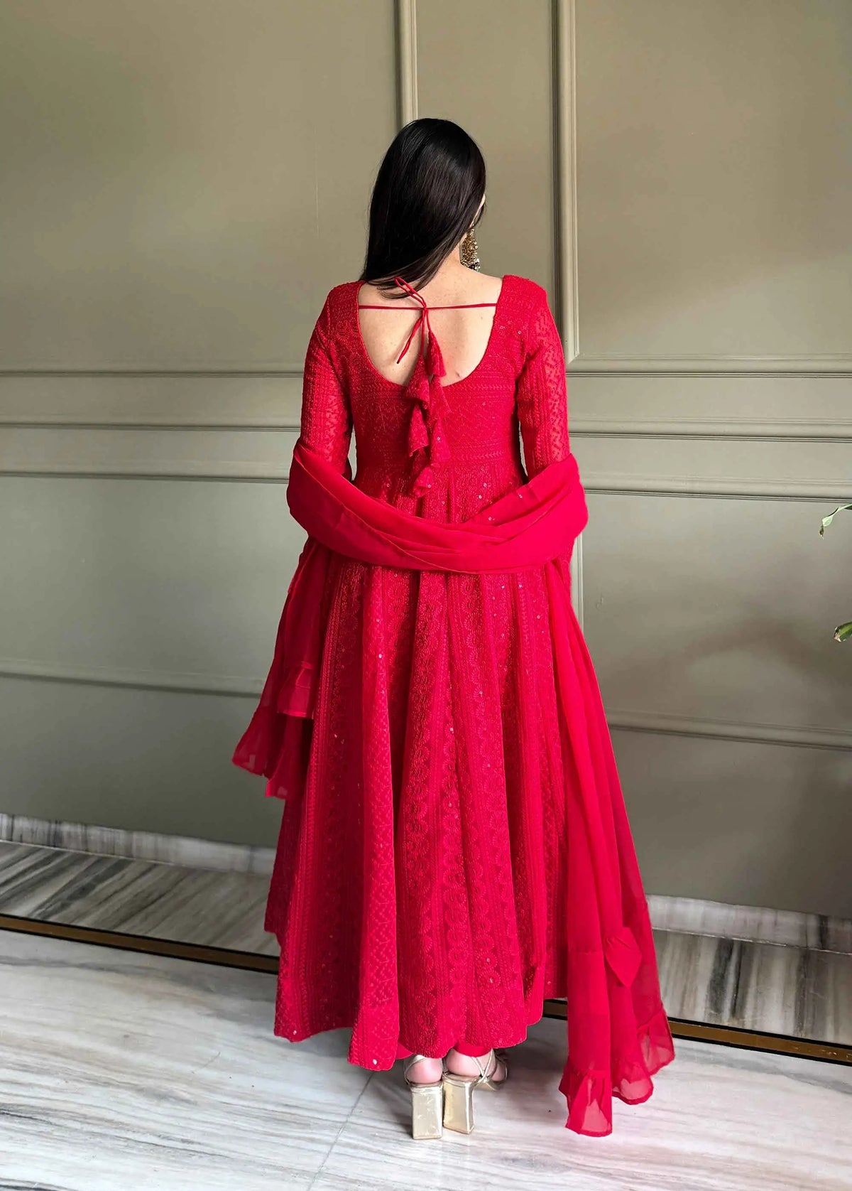Maroon Red Georgette Lukhnowi Work Gown