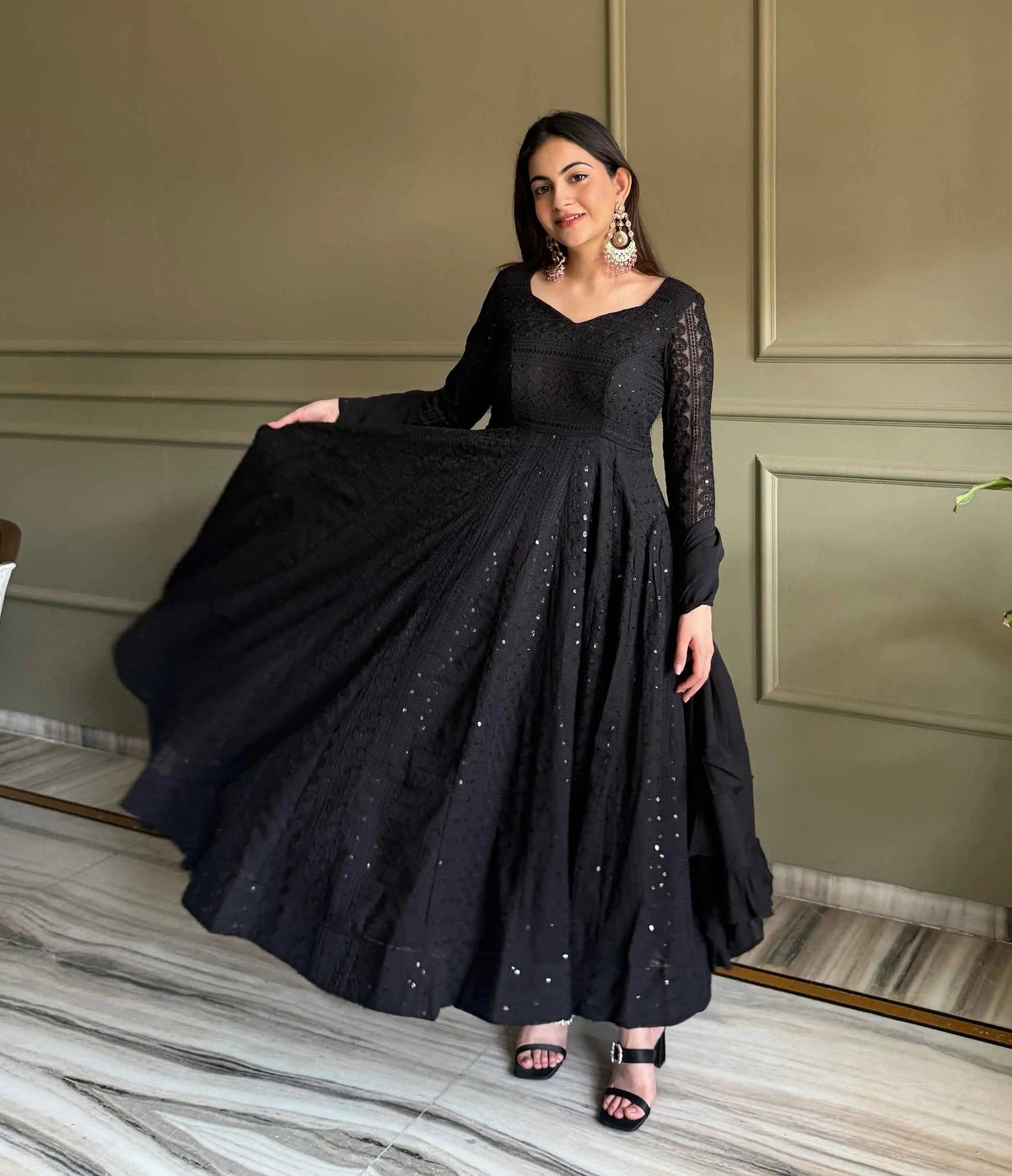 Black Georgette Lukhnowi Work Gown