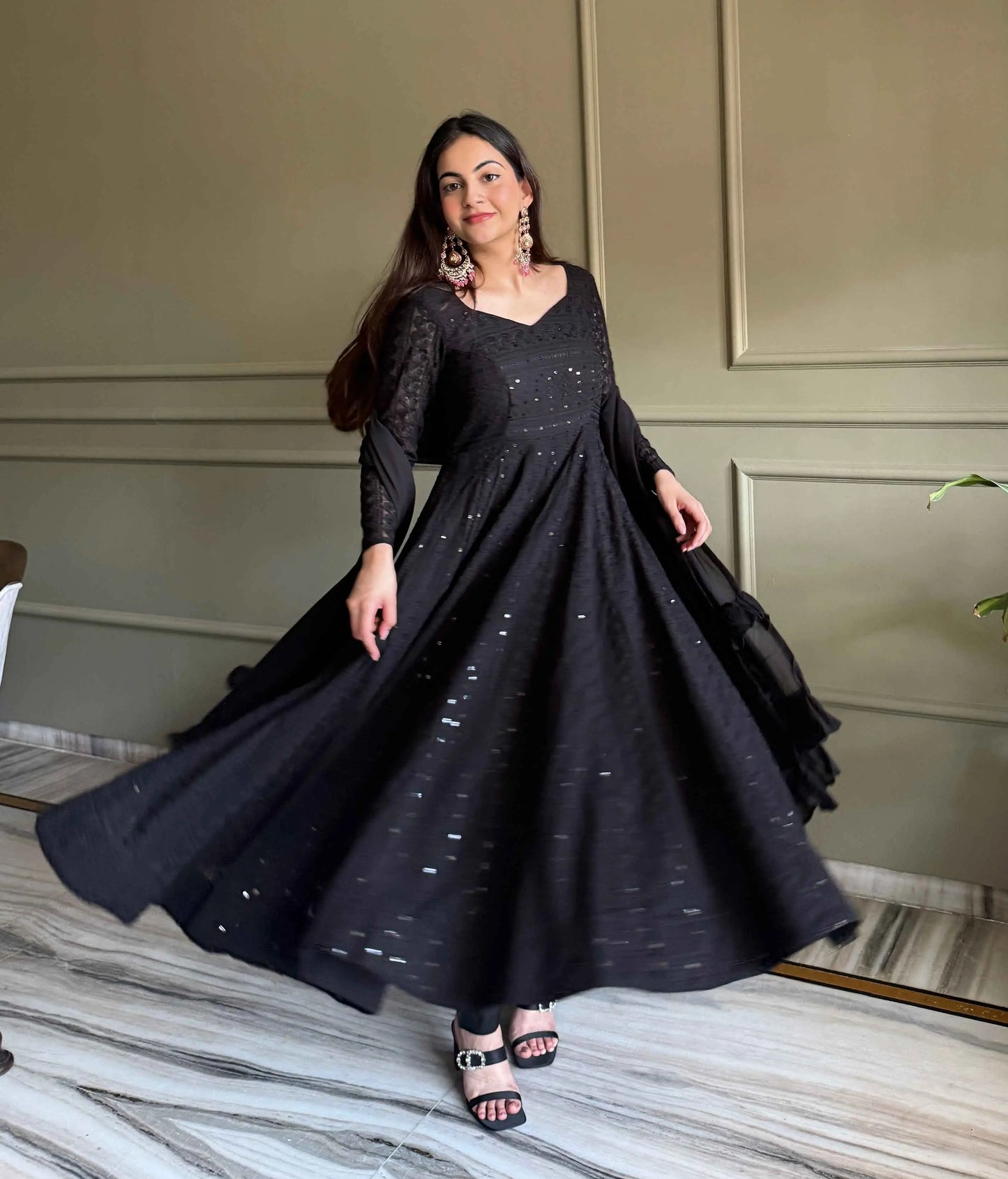 Black Georgette Lukhnowi Work Gown