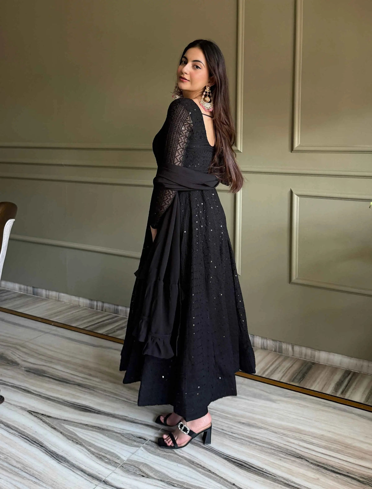 Black Georgette Lukhnowi Work Gown