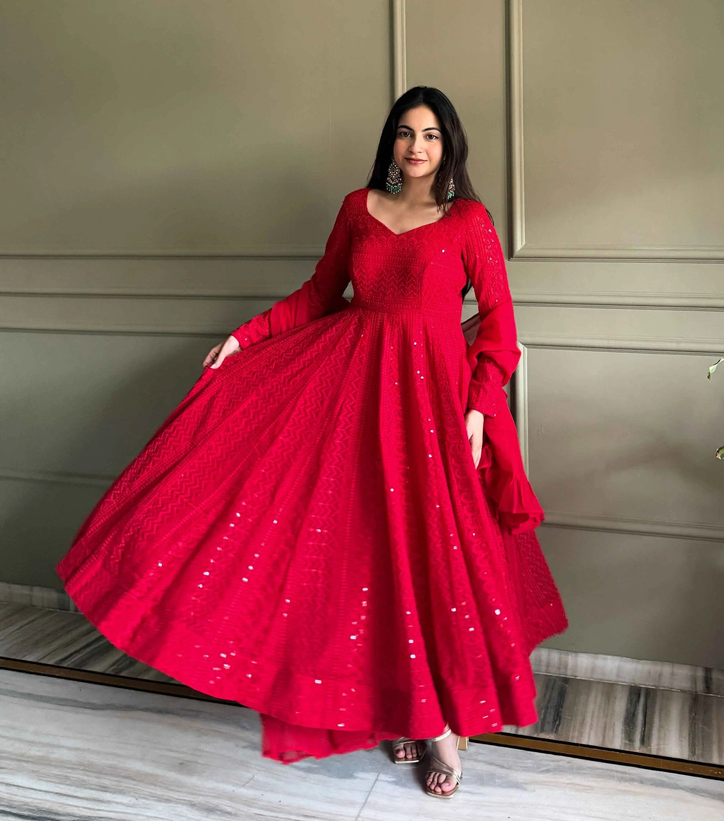 Maroon Red Georgette Lukhnowi Work Gown