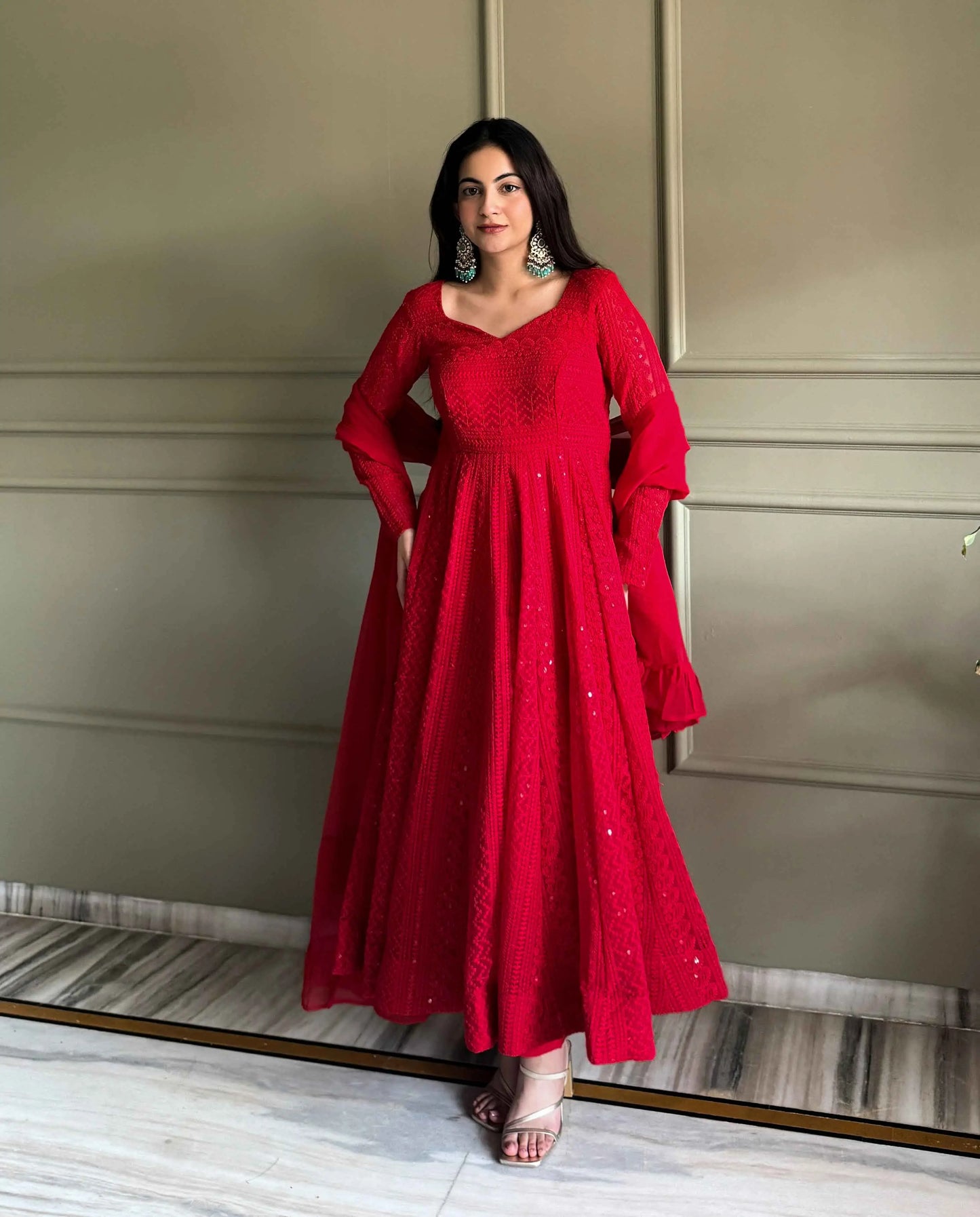 Maroon Red Georgette Lukhnowi Work Gown