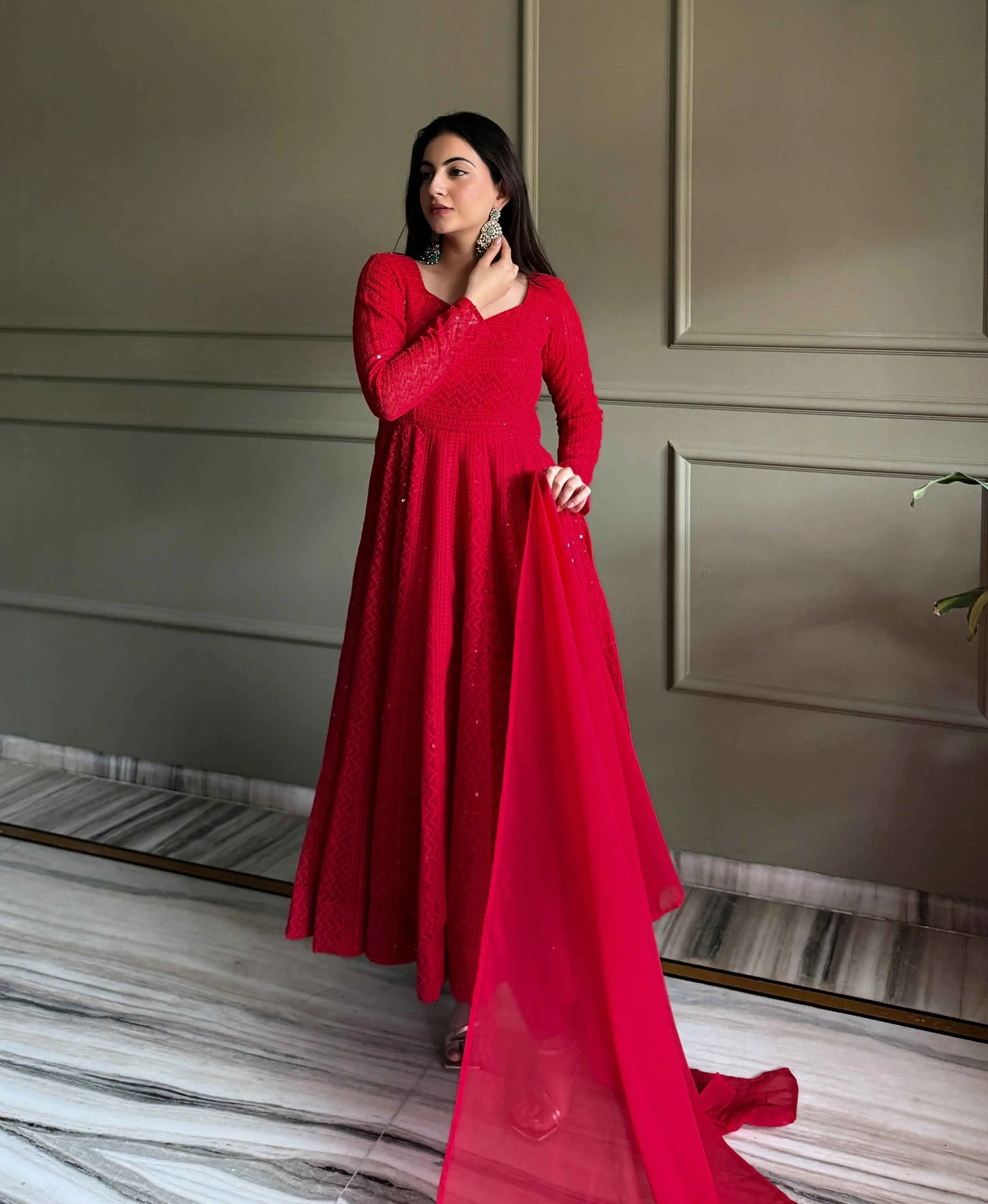 Maroon Red Georgette Lukhnowi Work Gown