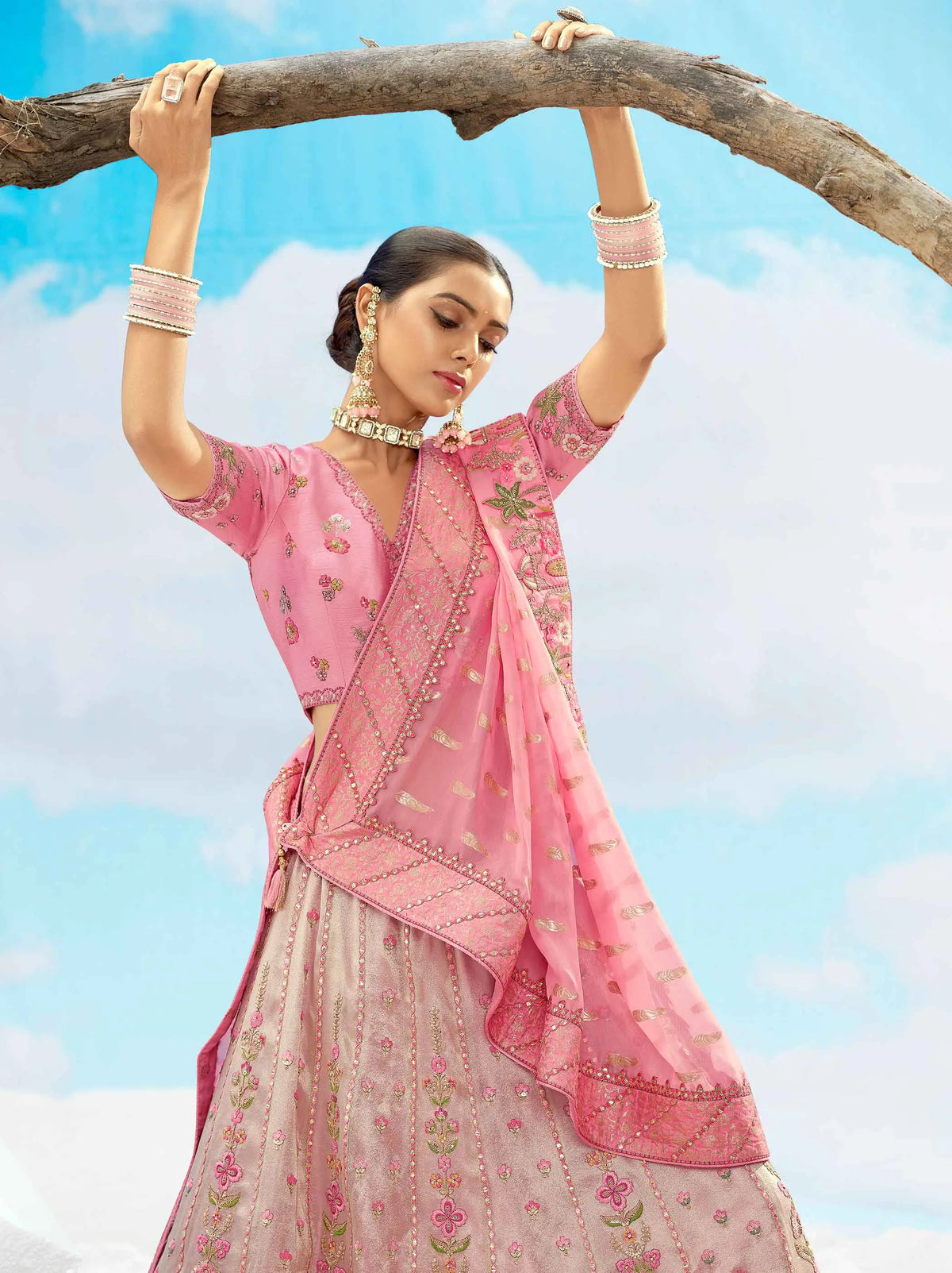 Sweet Pink Beautiful Sequins Floral Embroidery Work Lehenga For Bride