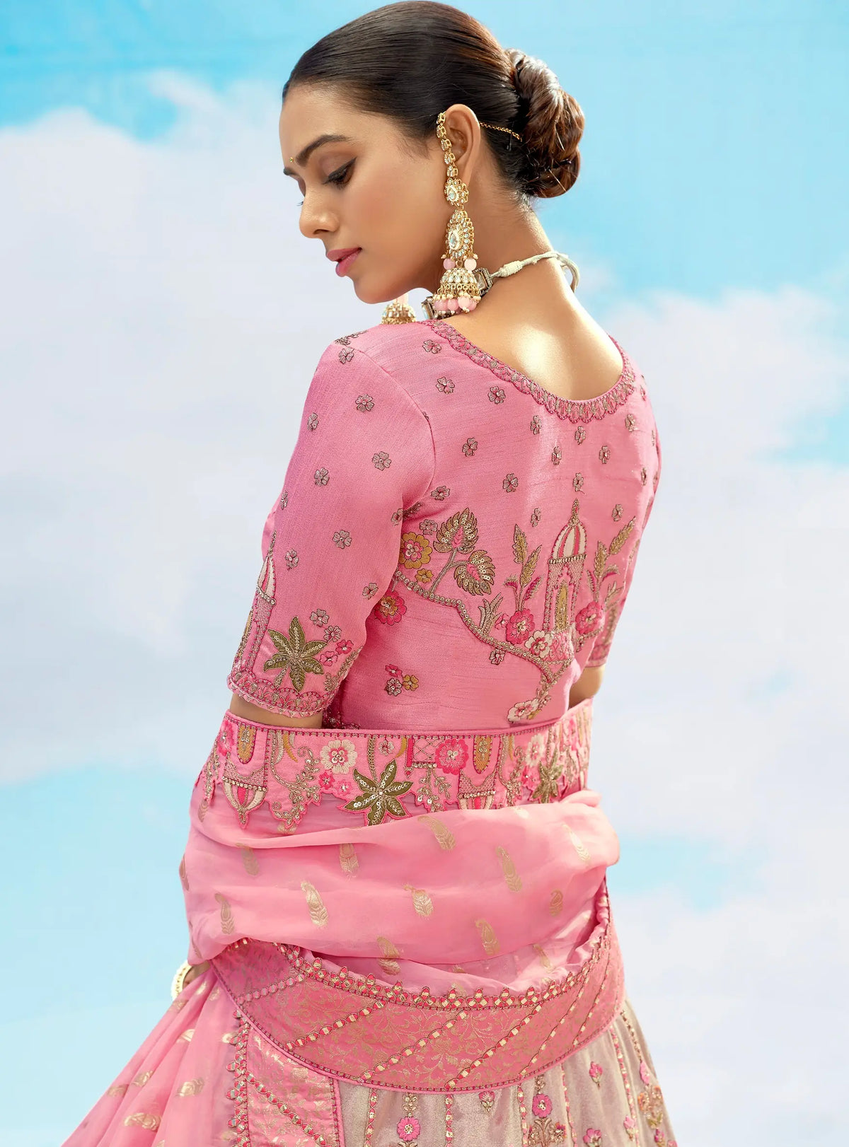 Sweet Pink Beautiful Sequins Floral Embroidery Work Lehenga For Bride