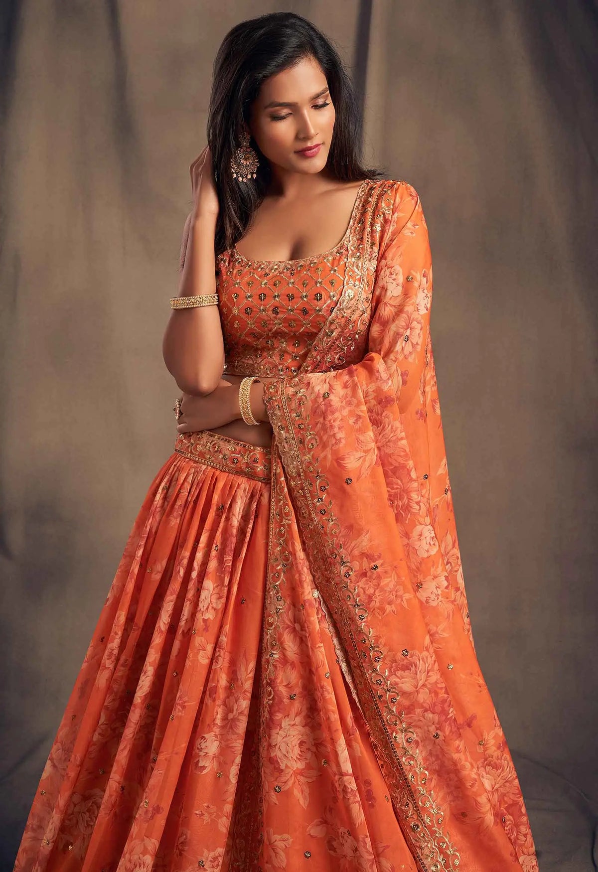 Orange Floral Print Organza Lehenga With Sequins Work