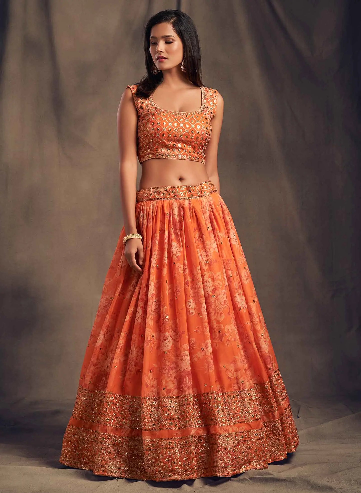 Orange Floral Print Organza Lehenga With Sequins Work