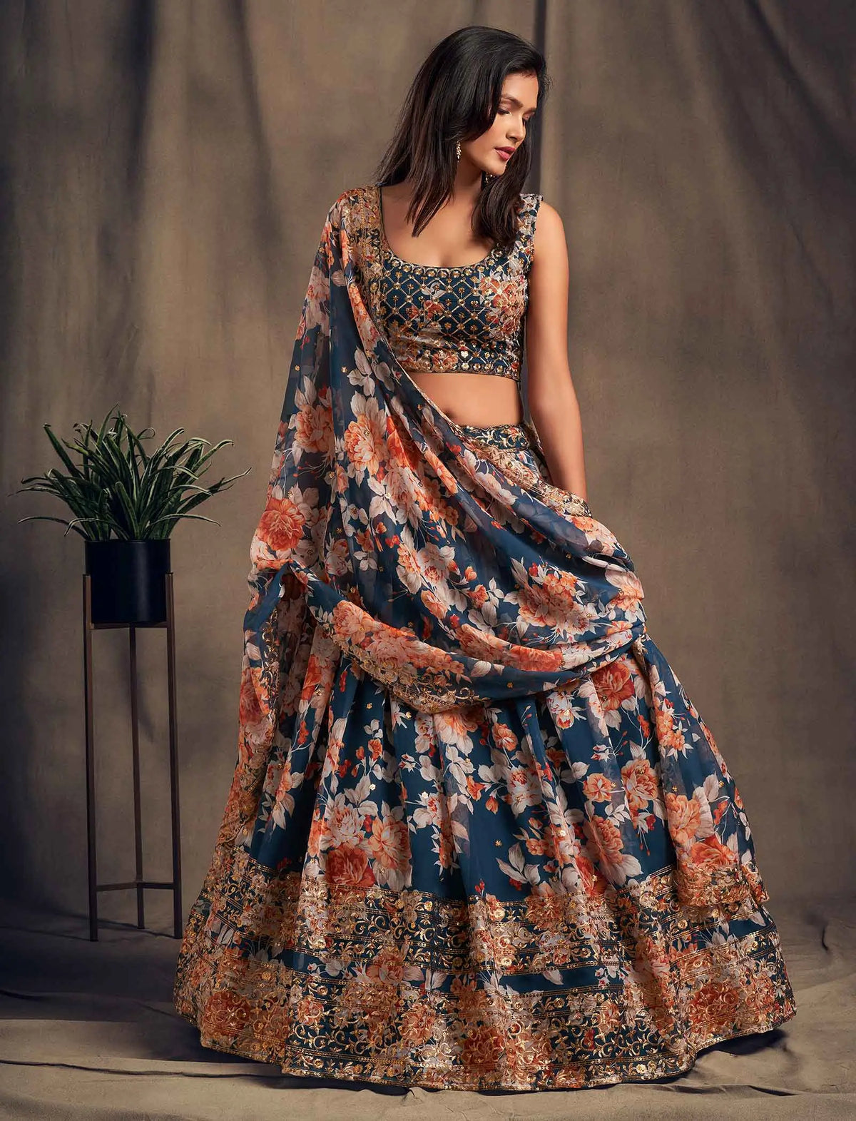 Teal Blue Floral Print Organza Lehenga With Sequins Work