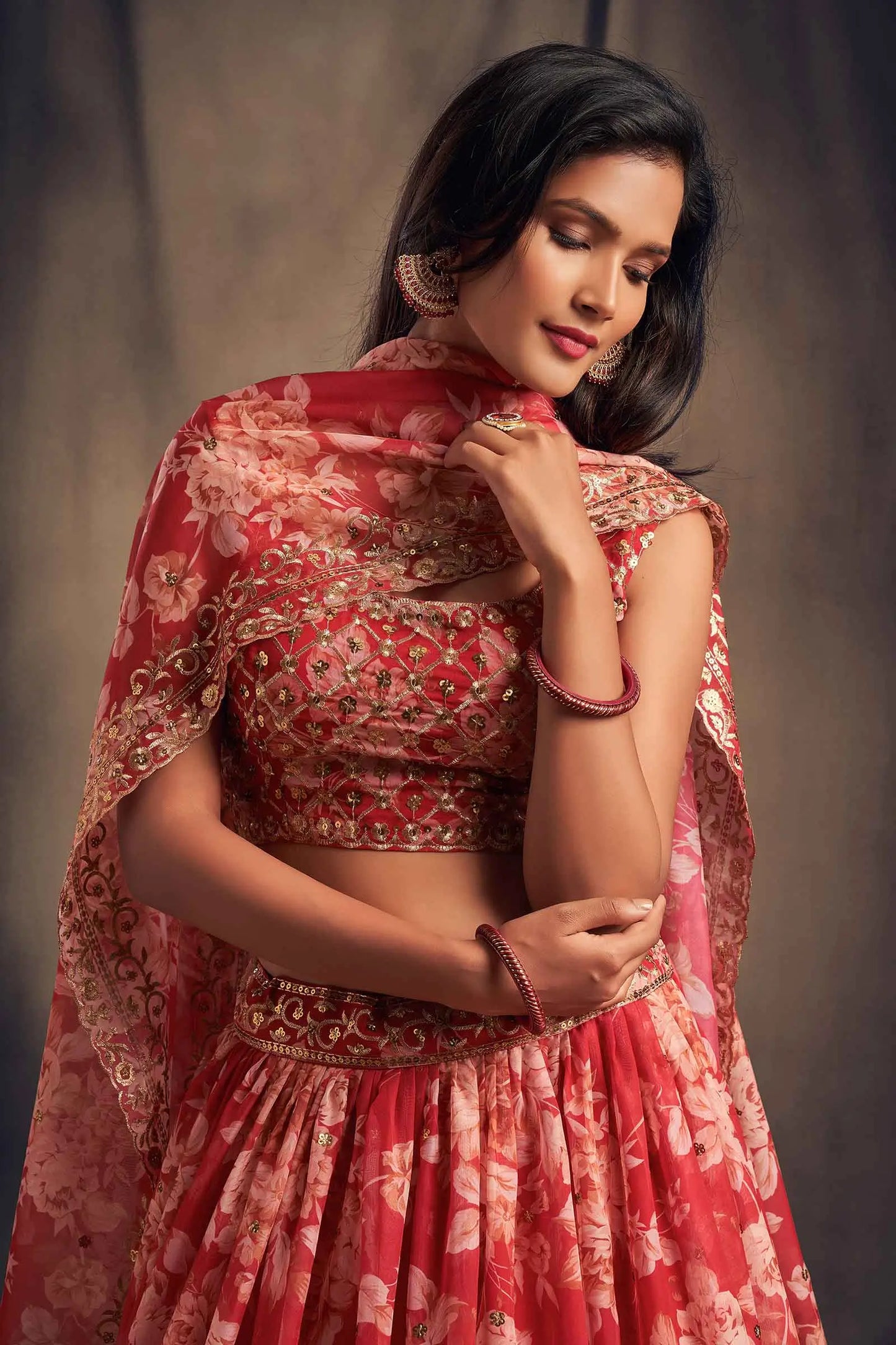 Red Floral Print Organza Lehenga With Sequins Work