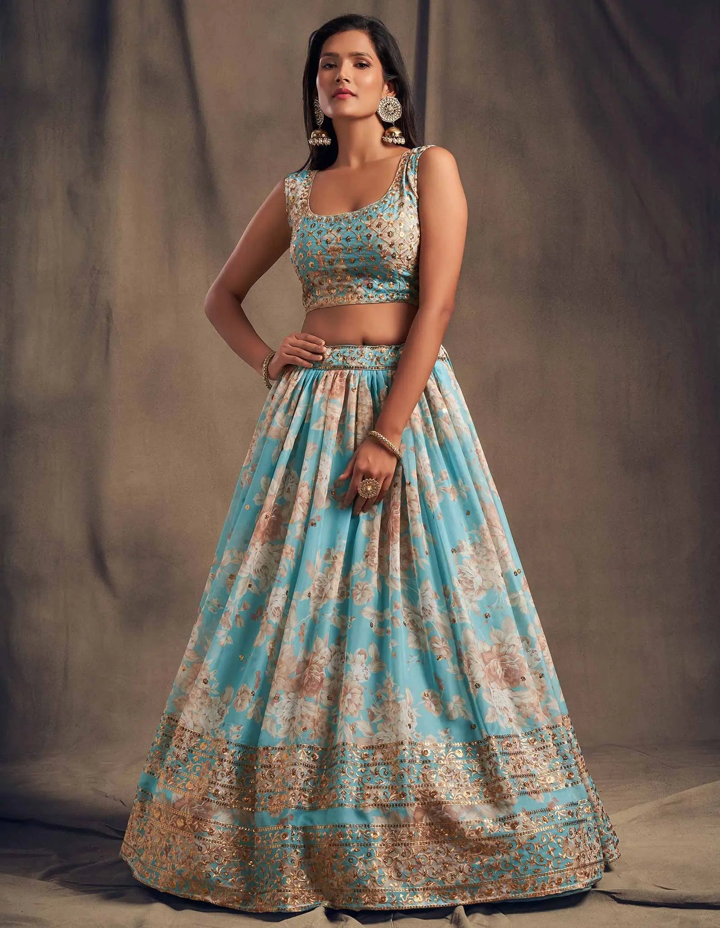 Sky Blue  Floral Print Organza Lehenga With Sequins Work