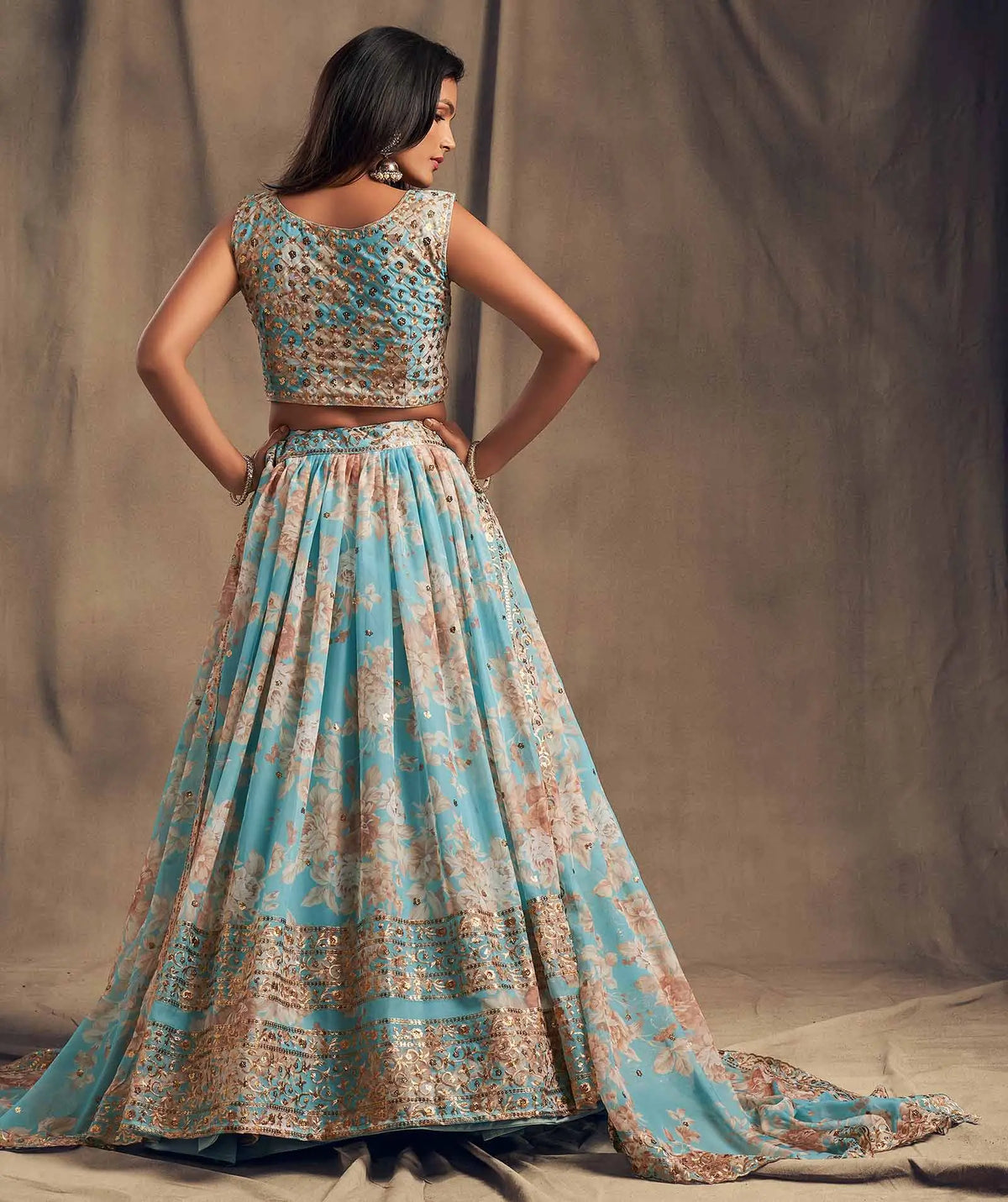 Sky Blue  Floral Print Organza Lehenga With Sequins Work