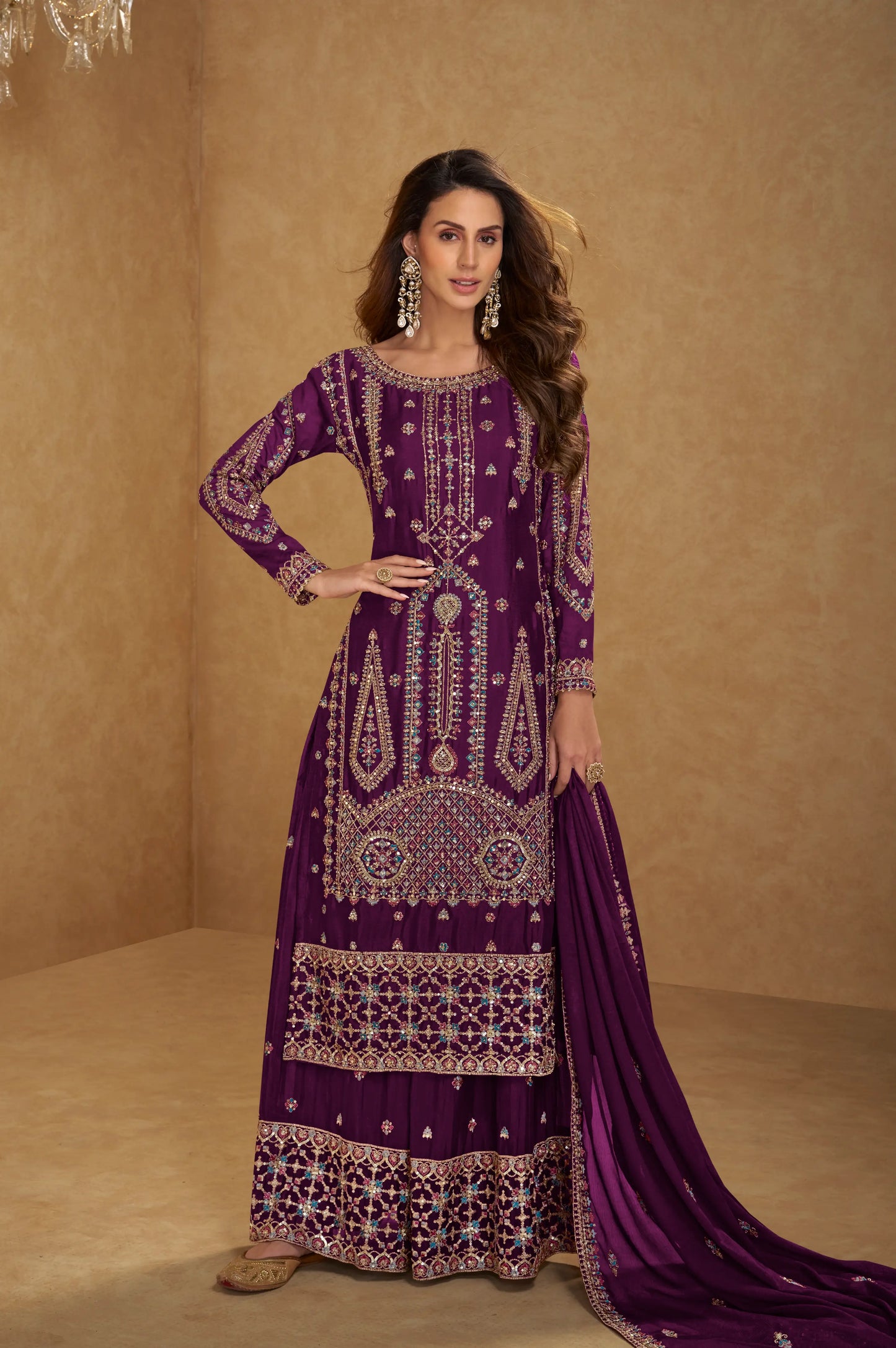 Wine Salwar Suit in Real Chinon With Embroidery Work