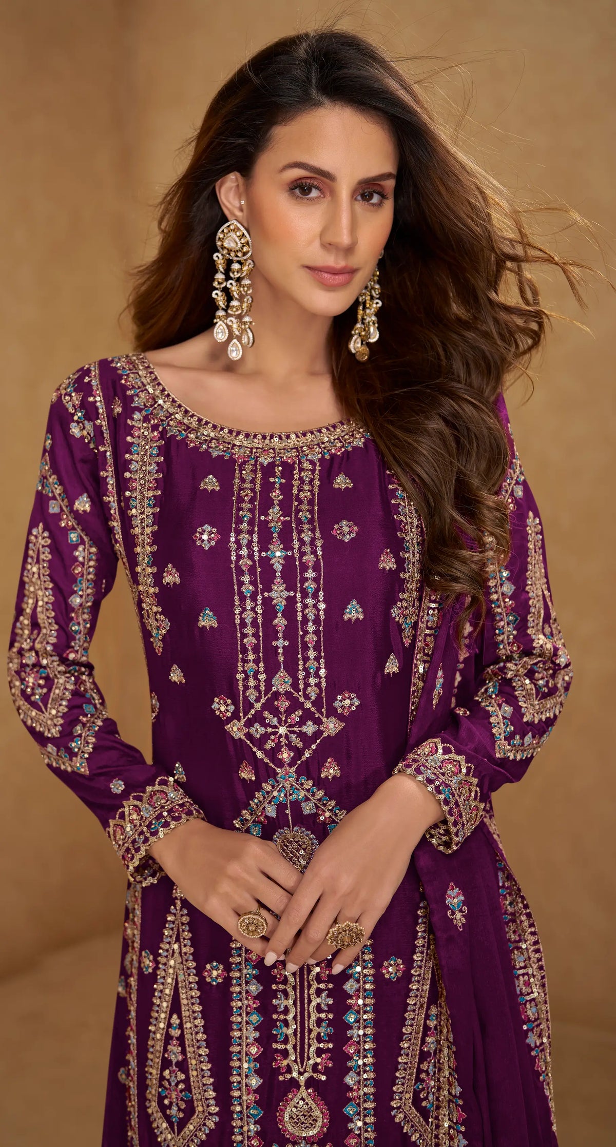 Wine Salwar Suit in Real Chinon With Embroidery Work
