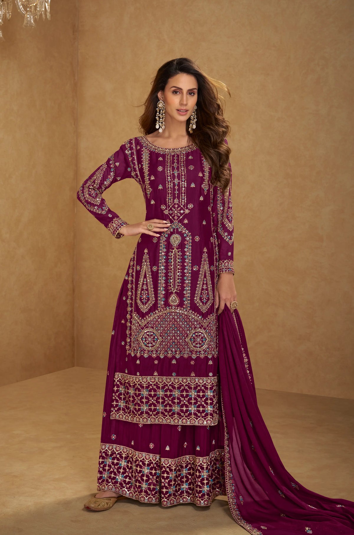 Marron Salwar Suit in Real Chinon With Embroidery Work
