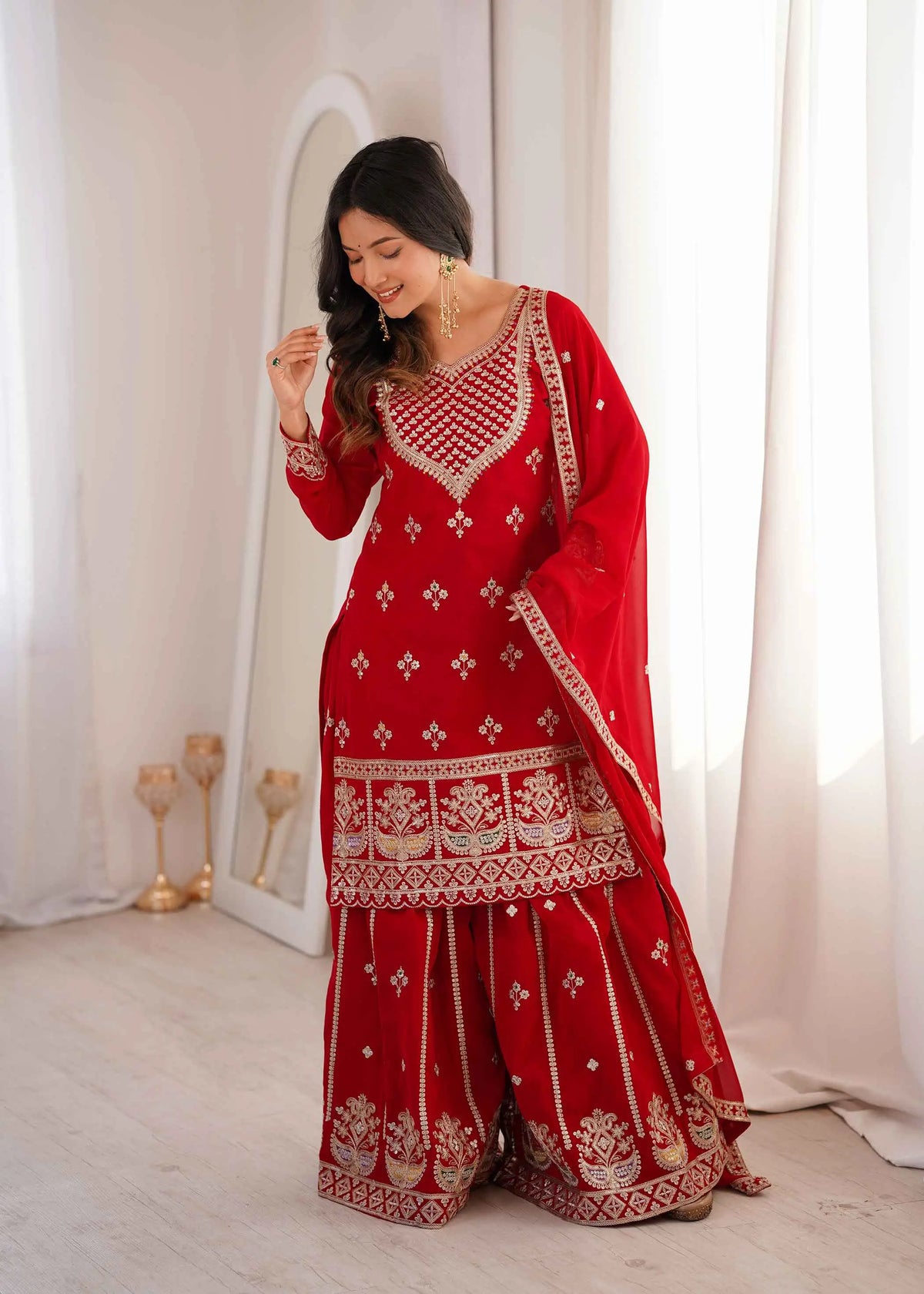 Red Embroidered Georgette Sharara Set