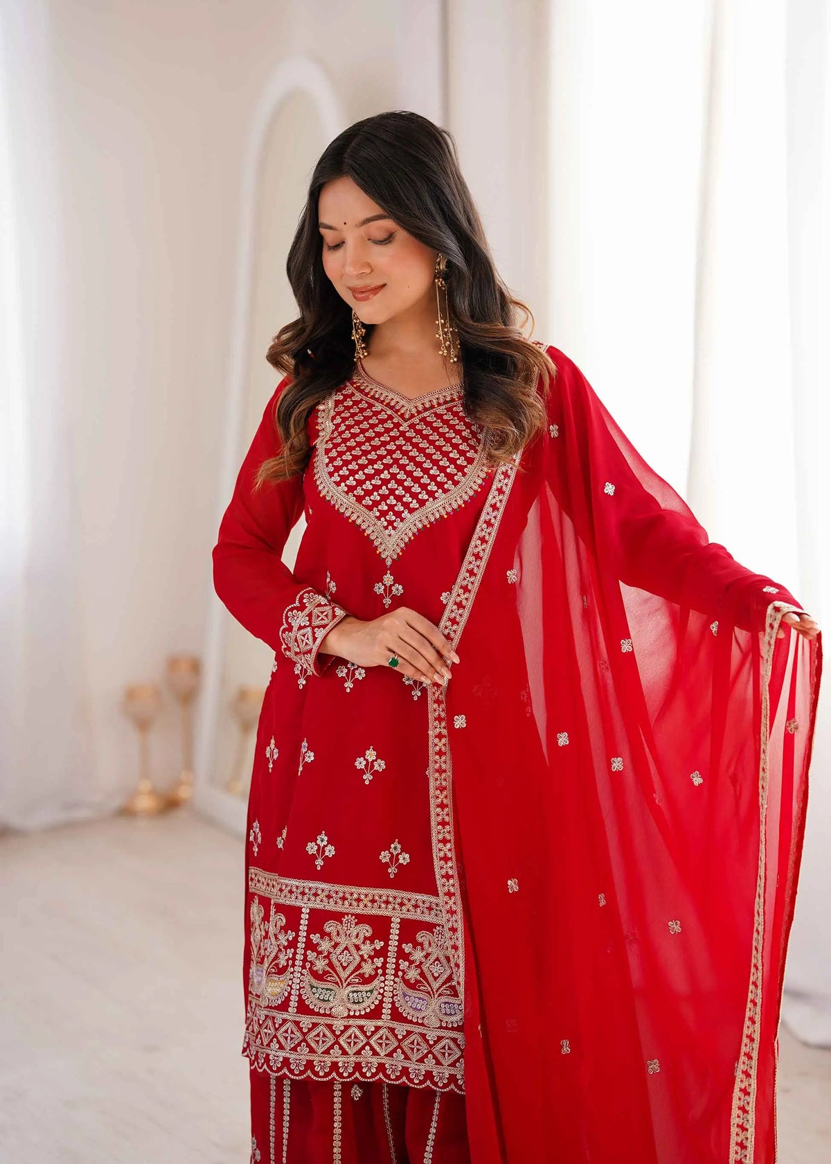 Red Embroidered Georgette Sharara Set